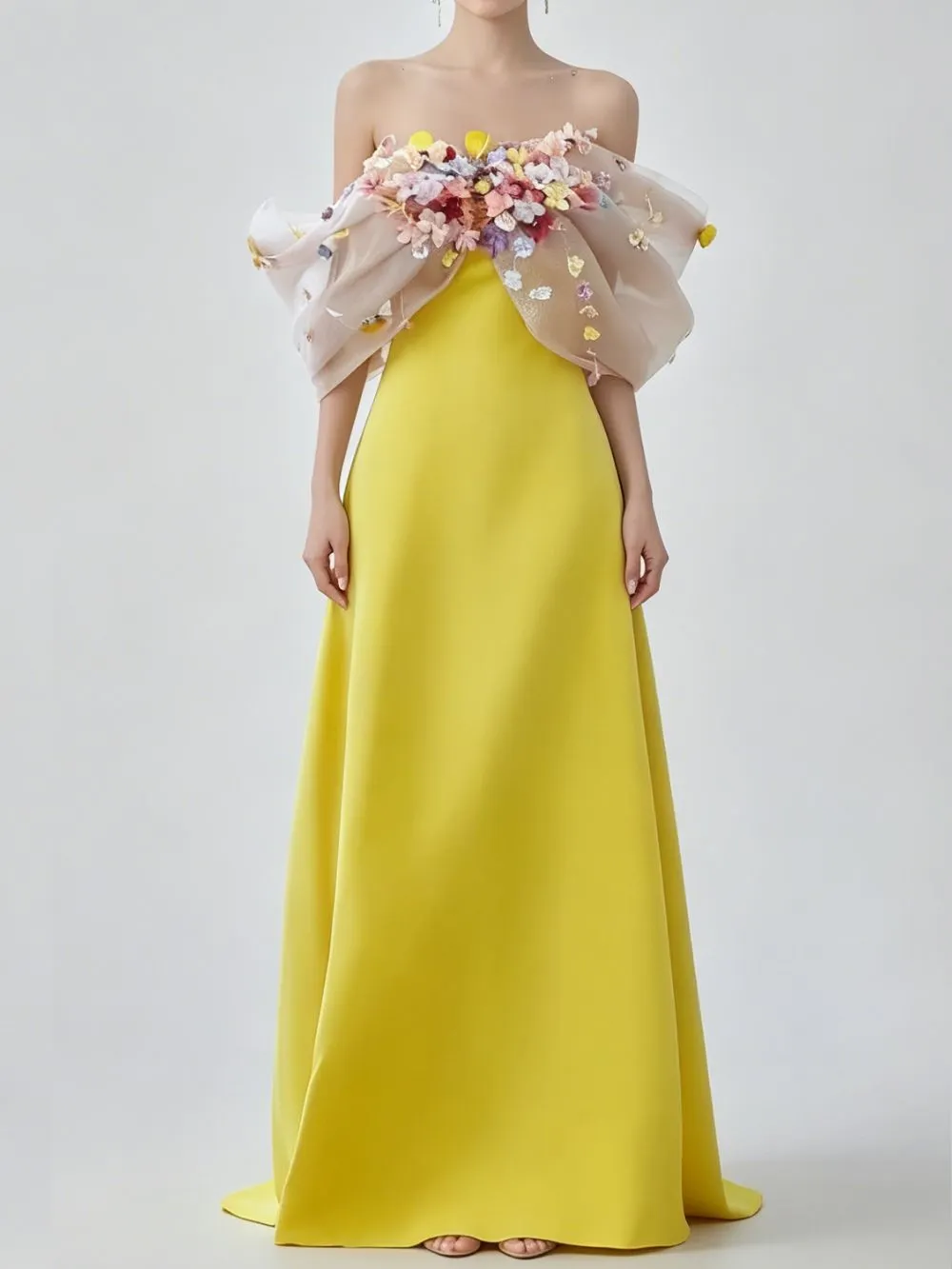 Bright Yellow Satin Strapless Maxi Gown With 3D Colorful Floral Tulle Bust - OWNCI