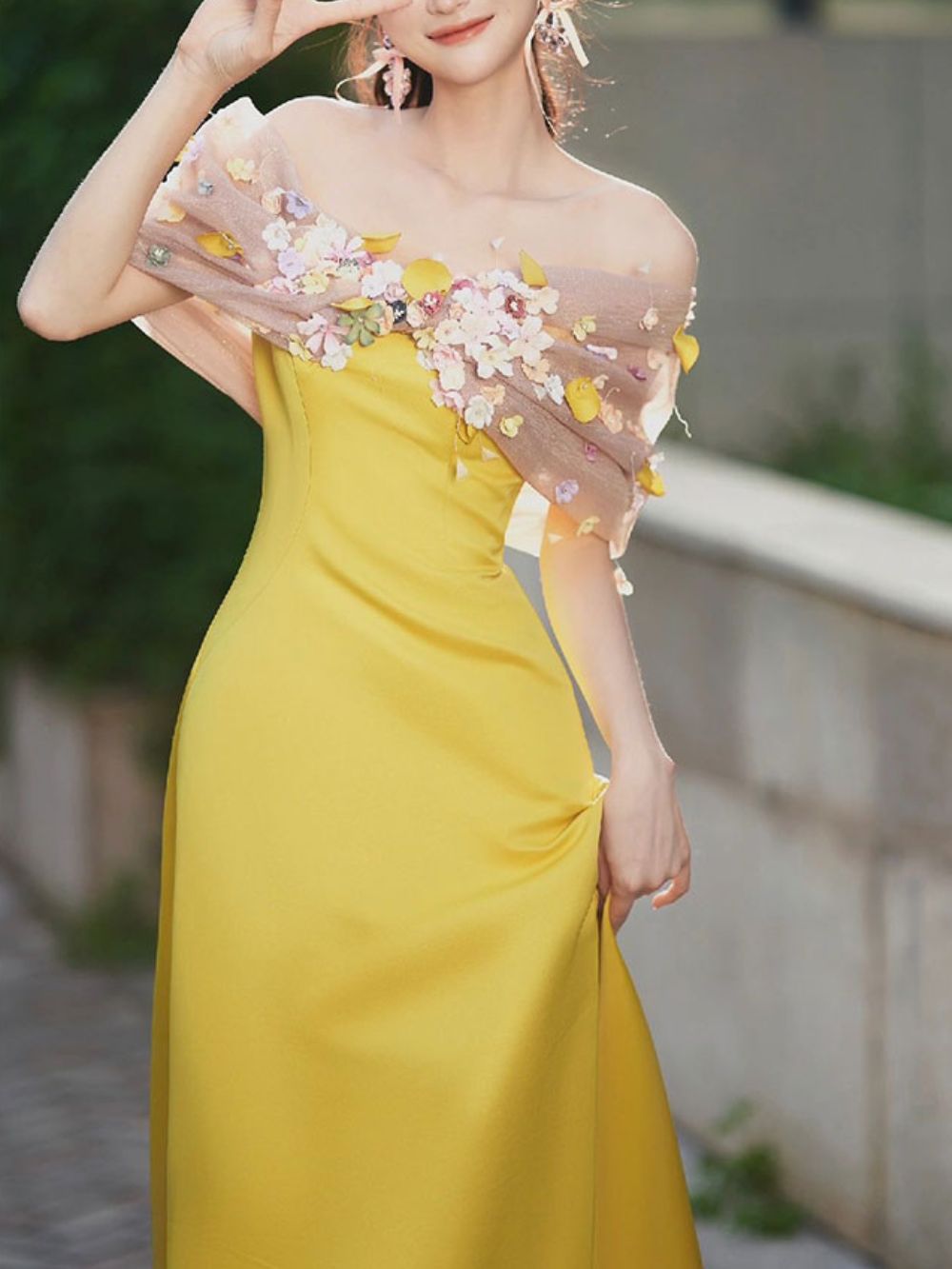Bright Yellow Satin Strapless Maxi Gown With 3D Colorful Floral Tulle Bust - OWNCI Bright Yellow Satin Strapless Maxi Gown With 3D Colorful Floral Tulle Bust - OWNCI