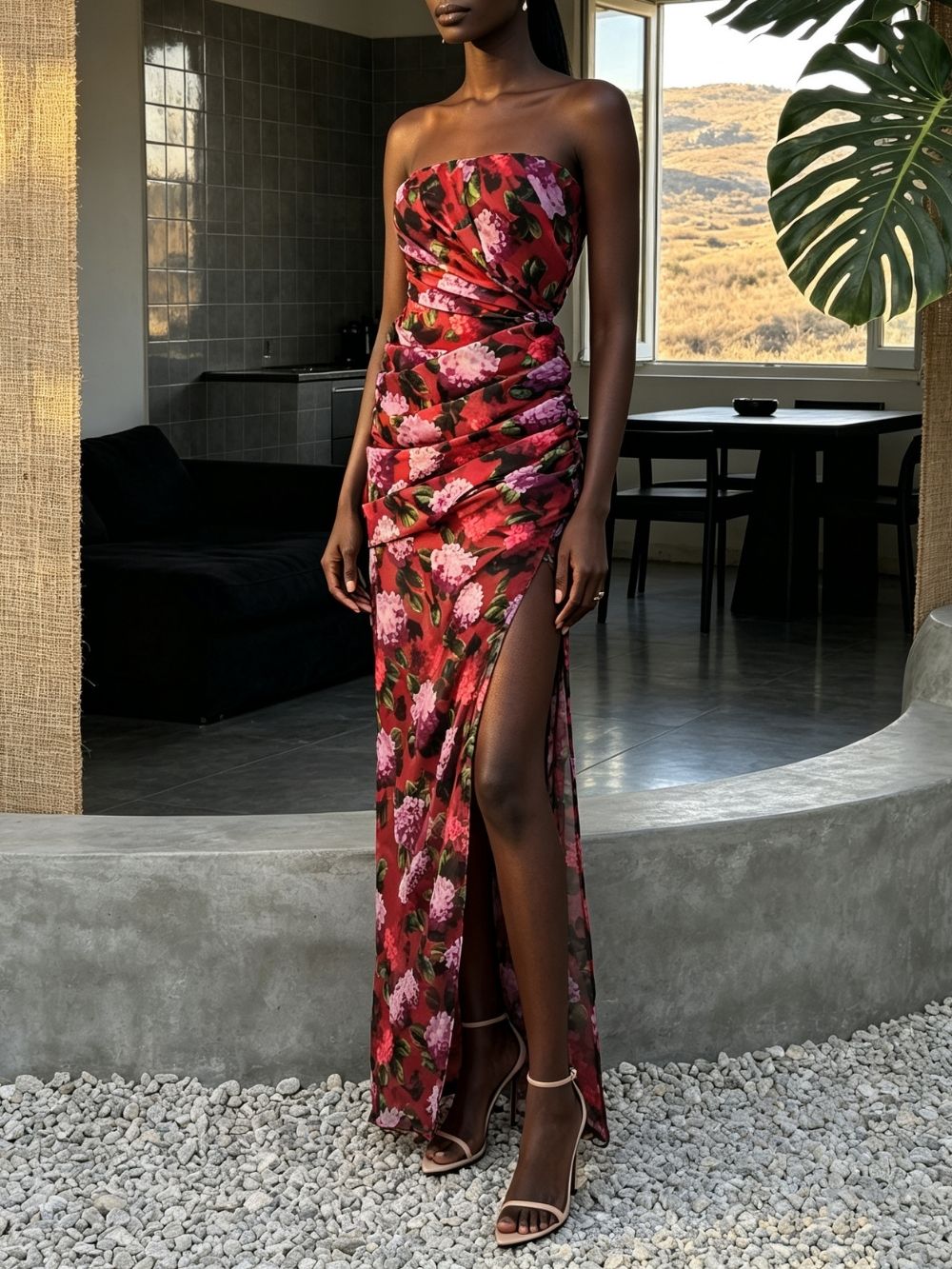 Marianne Strapless Floral Ruched Maxi Dress - OWNCI