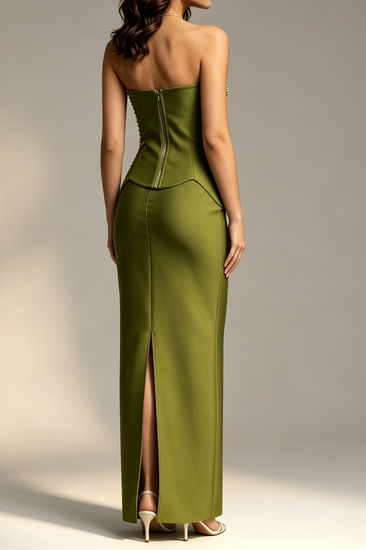 Olive Green Strapless Sweetheart Full Rhinestone Beaded Peplum Waist Mermaid Floor Length Formal Gown - OWNCI