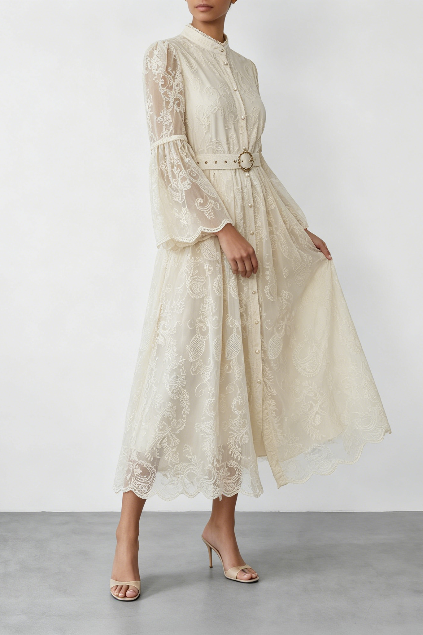 Cream Embroidery Lace Stand Collar Bell Sleeve Belted Midi Shirt Dress - OWNCI Cream Embroidery Lace Stand Collar Bell Sleeve Belted Midi Shirt Dress - OWNCI
