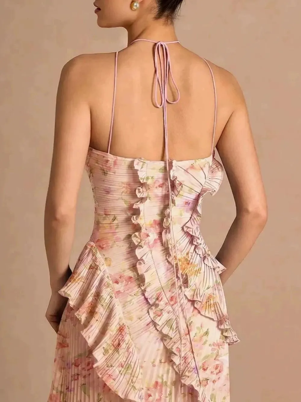 Finneas Pink Floral Halter Pleated Maxi Dress - OWNCI Finneas Pink Floral Halter Pleated Maxi Dress - OWNCI
