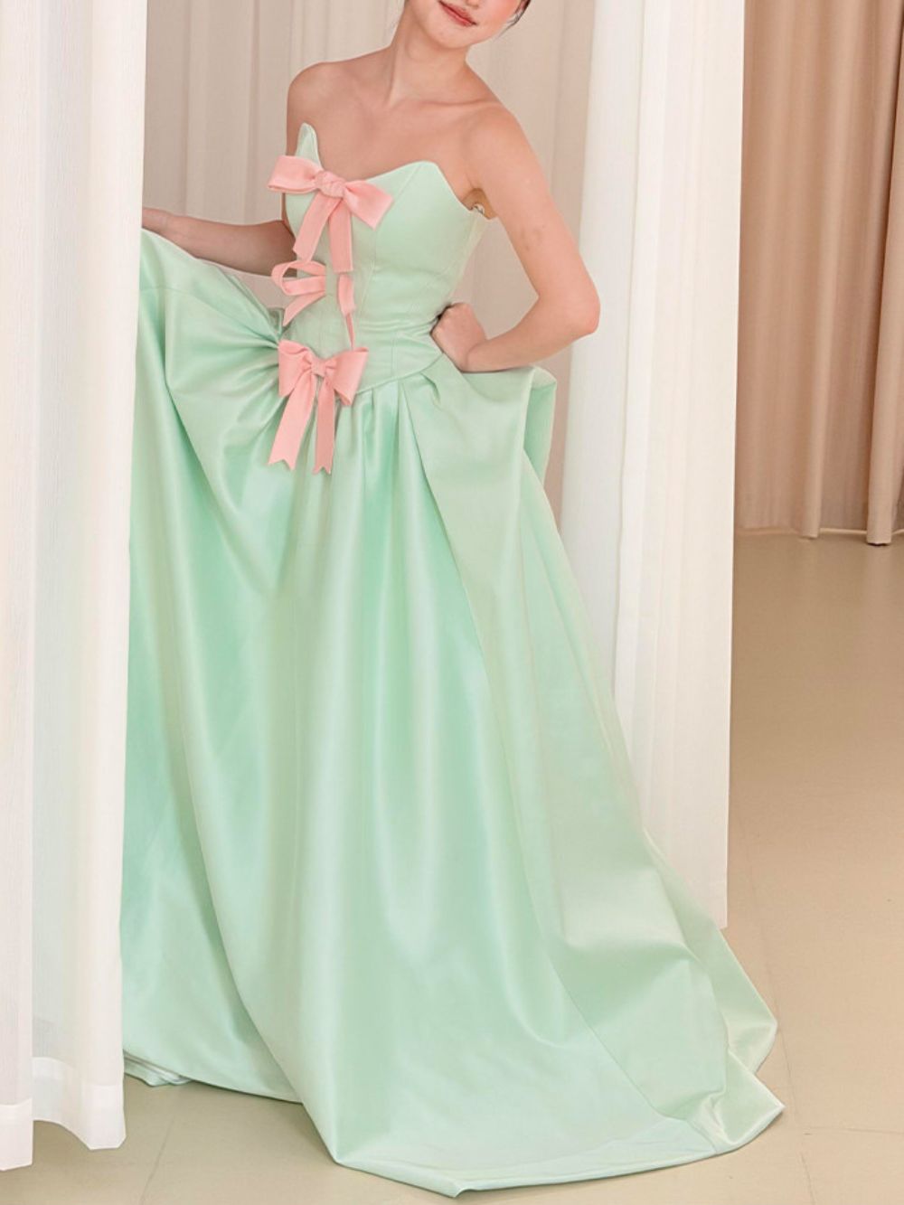 Masood Green Strapless Bow Maxi Dress - OWNCI Masood Green Strapless Bow Maxi Dress - OWNCI