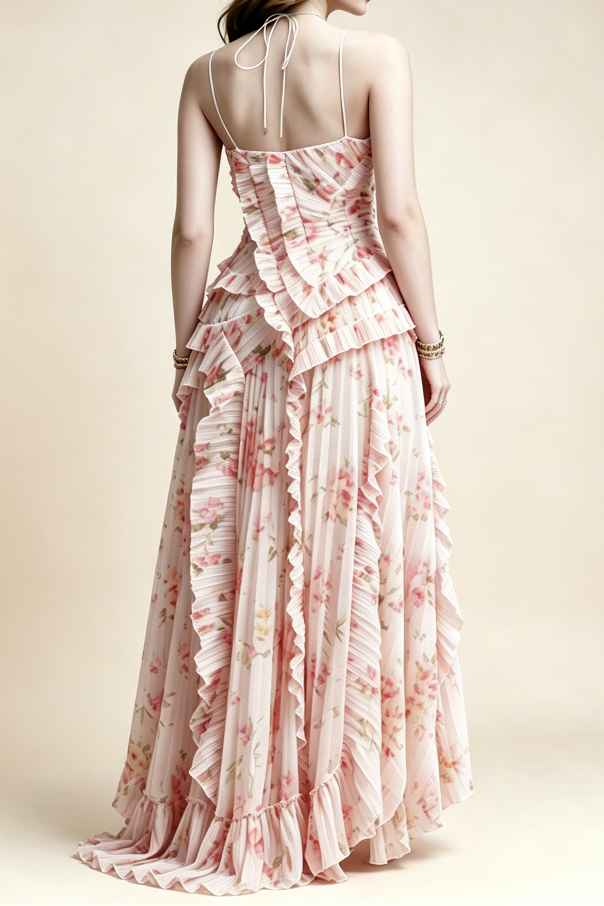 Pastel Pink Floral Pleated Halter Ruffle High Slit Maxi Dress - OWNCI