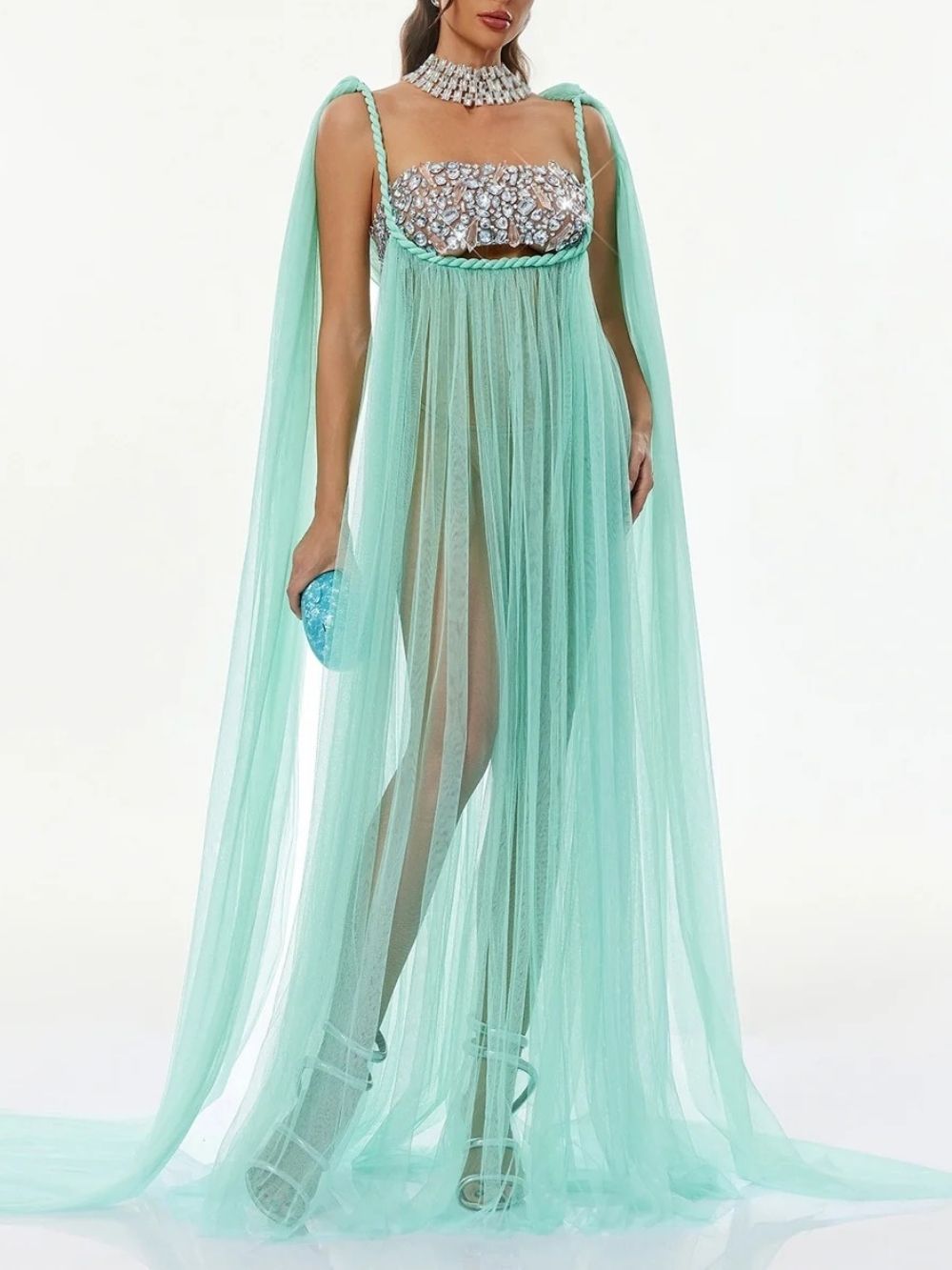 Gefen Cape Sleeve Crystal Tulle Dress Set - OWNCI Gefen Cape Sleeve Crystal Tulle Dress Set - OWNCI