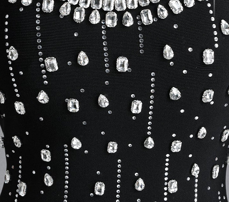 Black Vertical Rhinestone Pattern Halter Mini Bodycon Dress - OWNCI