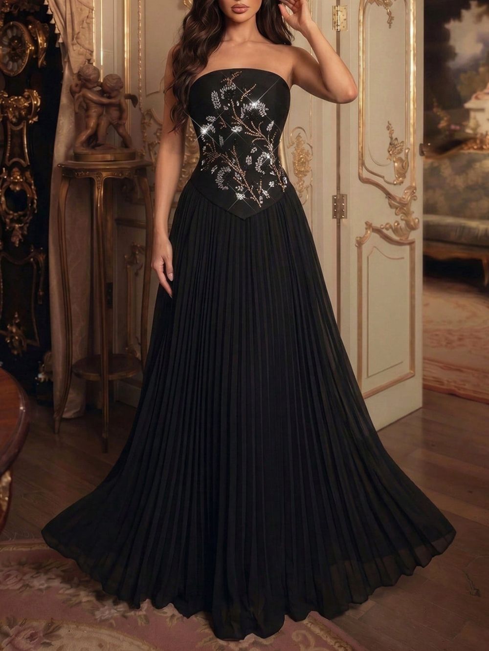 Marivel Black Strapless Diamante Top & Pleated Skirt - OWNCI Marivel Black Strapless Diamante Top & Pleated Skirt - OWNCI