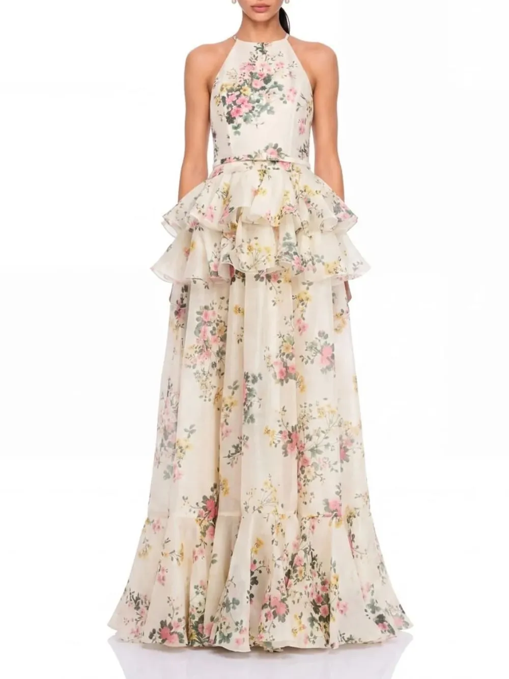 Ravelix Floral Ruffle Maxi Dress In Beige - OWNCI Ravelix Floral Ruffle Maxi Dress In Beige - OWNCI