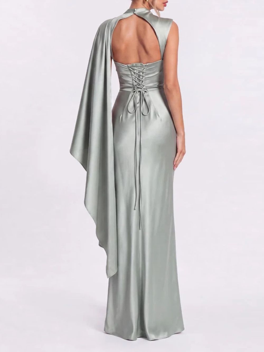 Tazuren Cape Satin Lace Up Maxi Dress - OWNCI