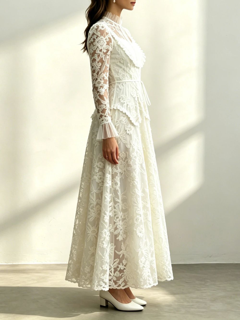 Cream Floral Lace Ruffle High Neck Long Sleeve Belted Maxi Dress - OWNCI