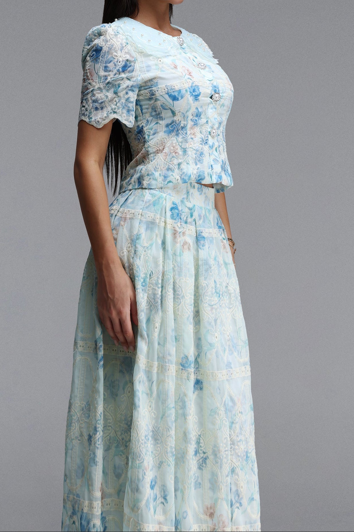 Light Blue Floral Lace Peter Pan Collar Crop Top & Wide Leg Maxi Skirt Two-Piece Set - OWNCI Light Blue Floral Lace Peter Pan Collar Crop Top & Wide Leg Maxi Skirt Two-Piece Set - OWNCI