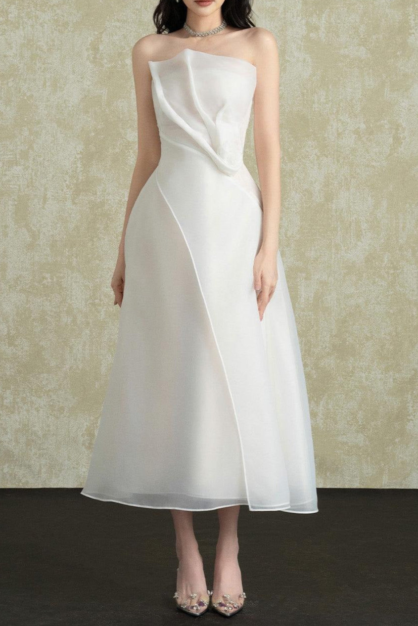 f6c22a57fee4725991ce5420a29e5b50 Strapless Layered Organza Midi Dress In White