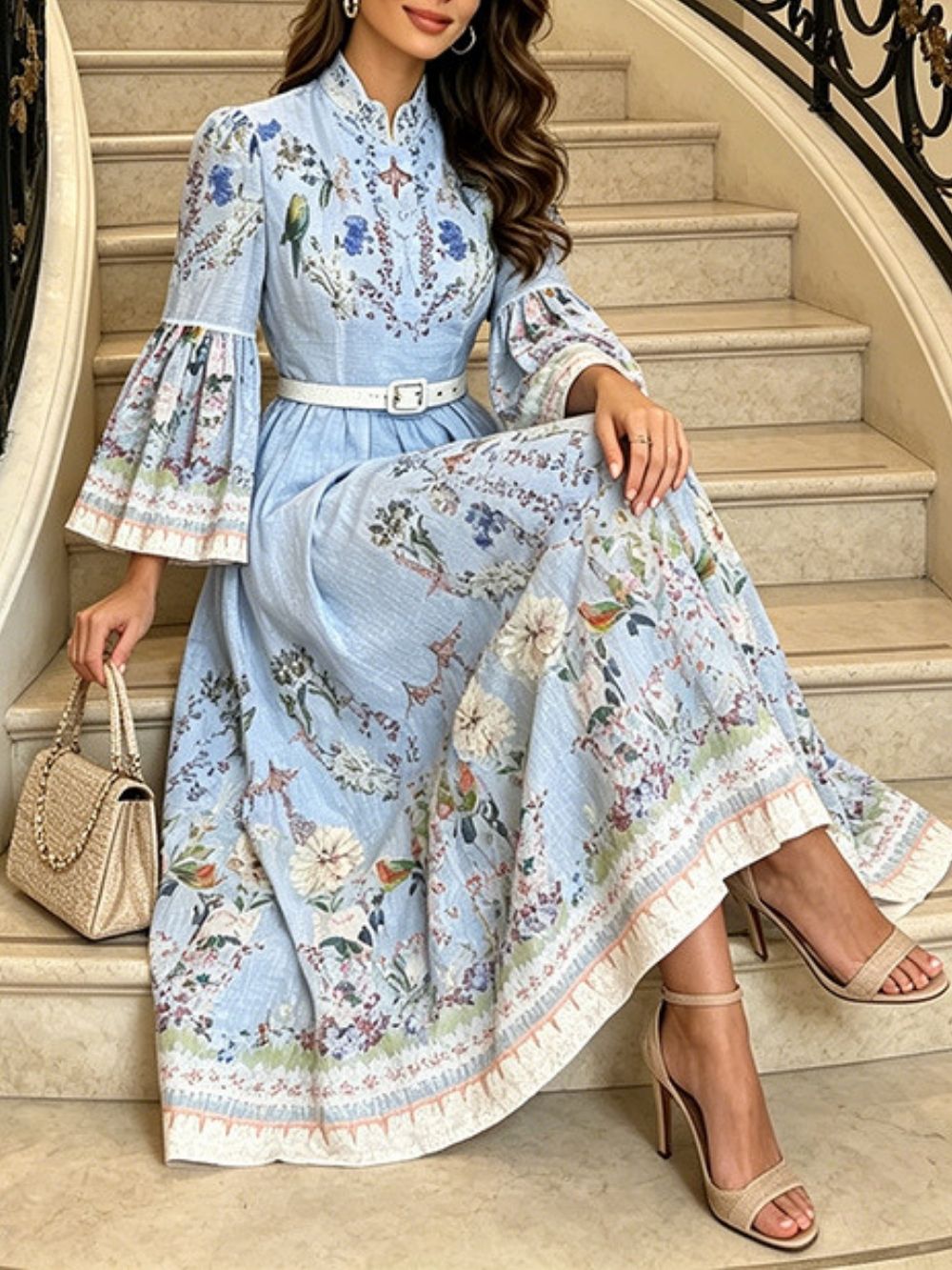 Marleigh Blue Long Sleeve Printed Midi Dress - OWNCI Marleigh Blue Long Sleeve Printed Midi Dress - OWNCI