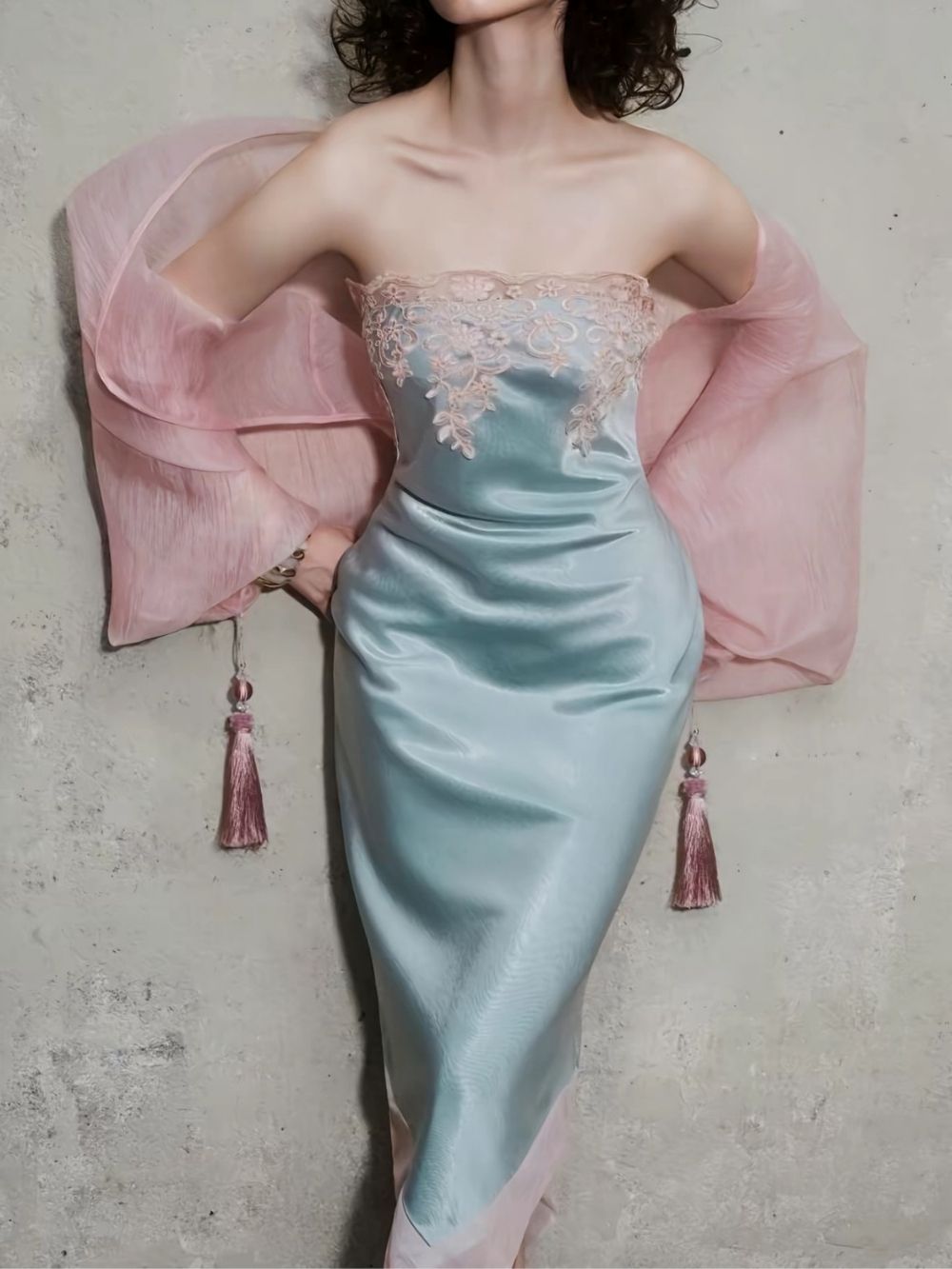Marnina Strapless Lace Satin Midi Dress - OWNCI