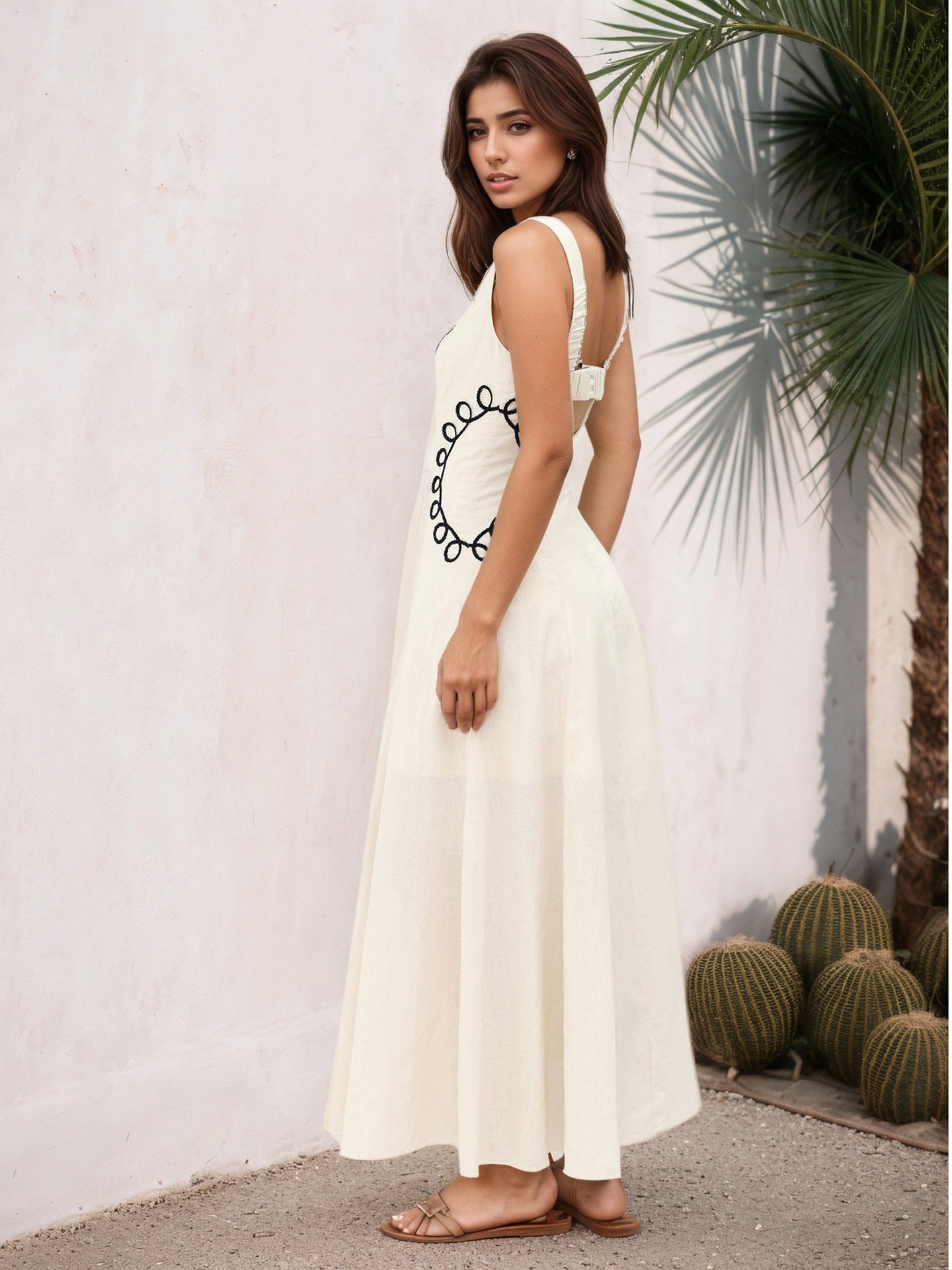 Cream Square Neck Sleeveless Black Loop Embroidery Flared Midi Dress - OWNCI