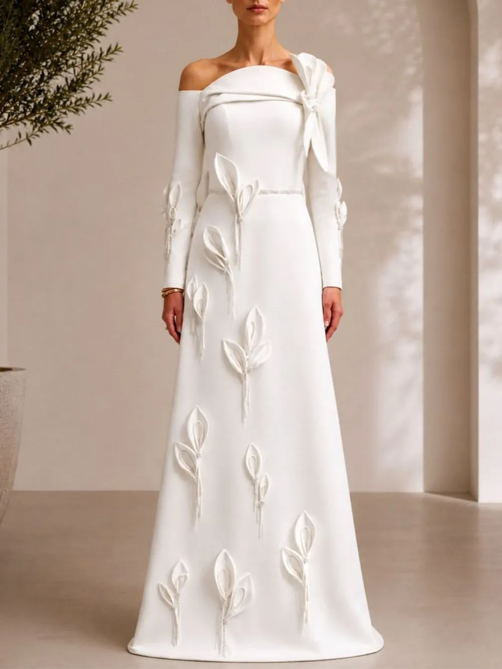 f8cc07d90ceb9ccac15510a2740f7389 Mandell White Off-Shoulder Flower Long Sleeve Maxi Dress