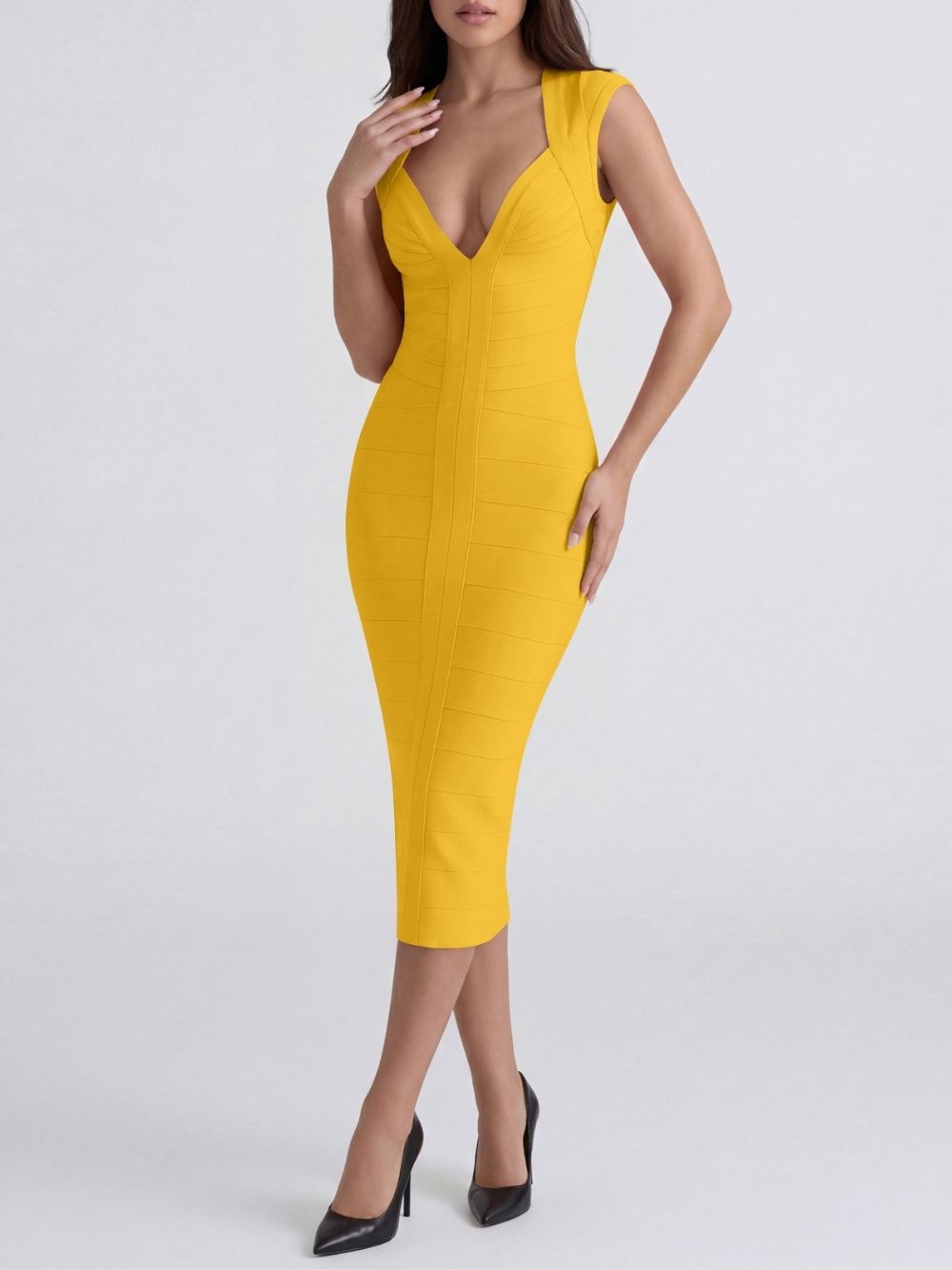 Marixa Yellow V-Neck Bandage Midi Dress - OWNCI Marixa Yellow V-Neck Bandage Midi Dress - OWNCI