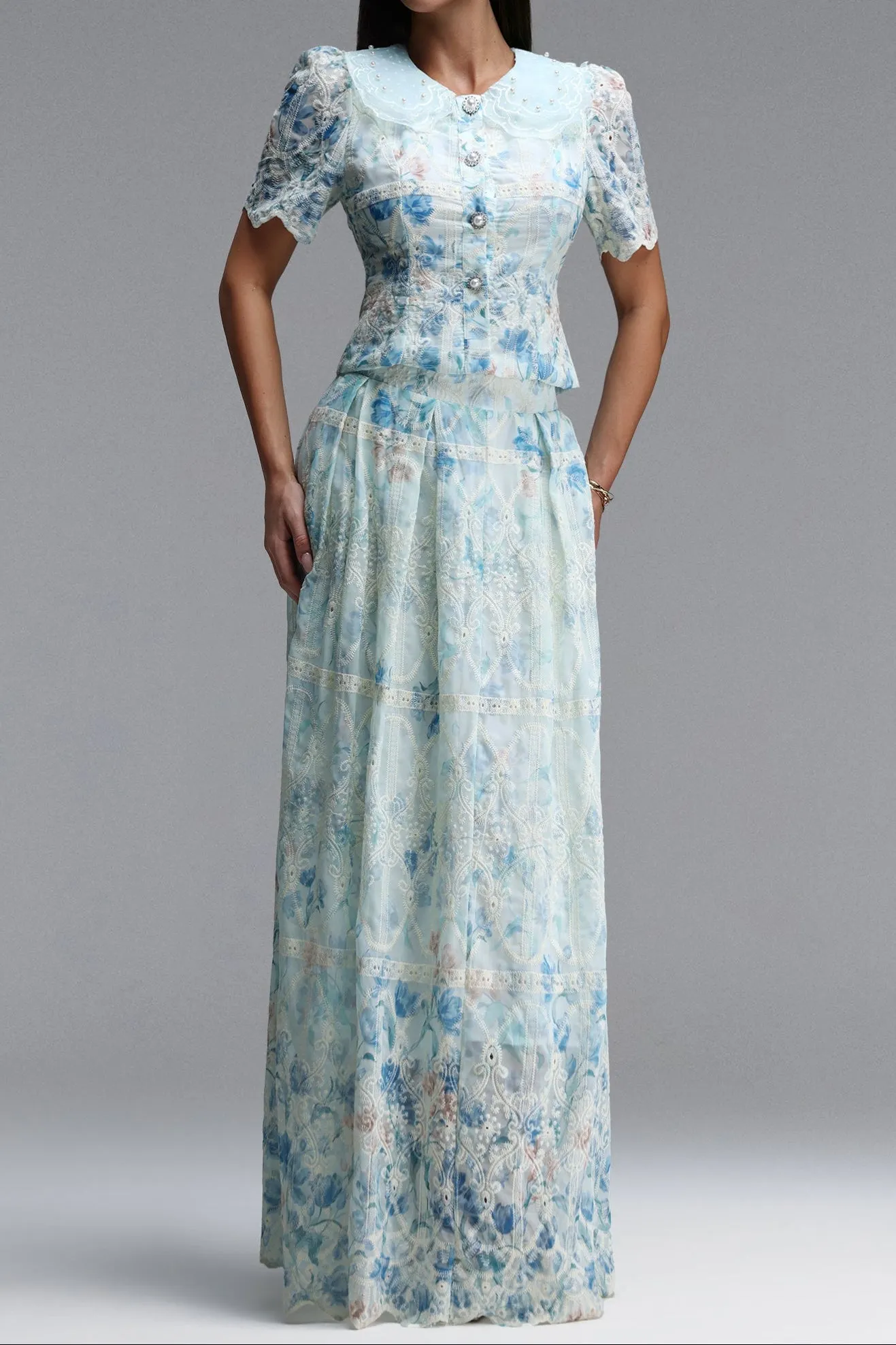 Light Blue Floral Lace Peter Pan Collar Crop Top & Wide Leg Maxi Skirt Two-Piece Set - OWNCI Light Blue Floral Lace Peter Pan Collar Crop Top & Wide Leg Maxi Skirt Two-Piece Set - OWNCI