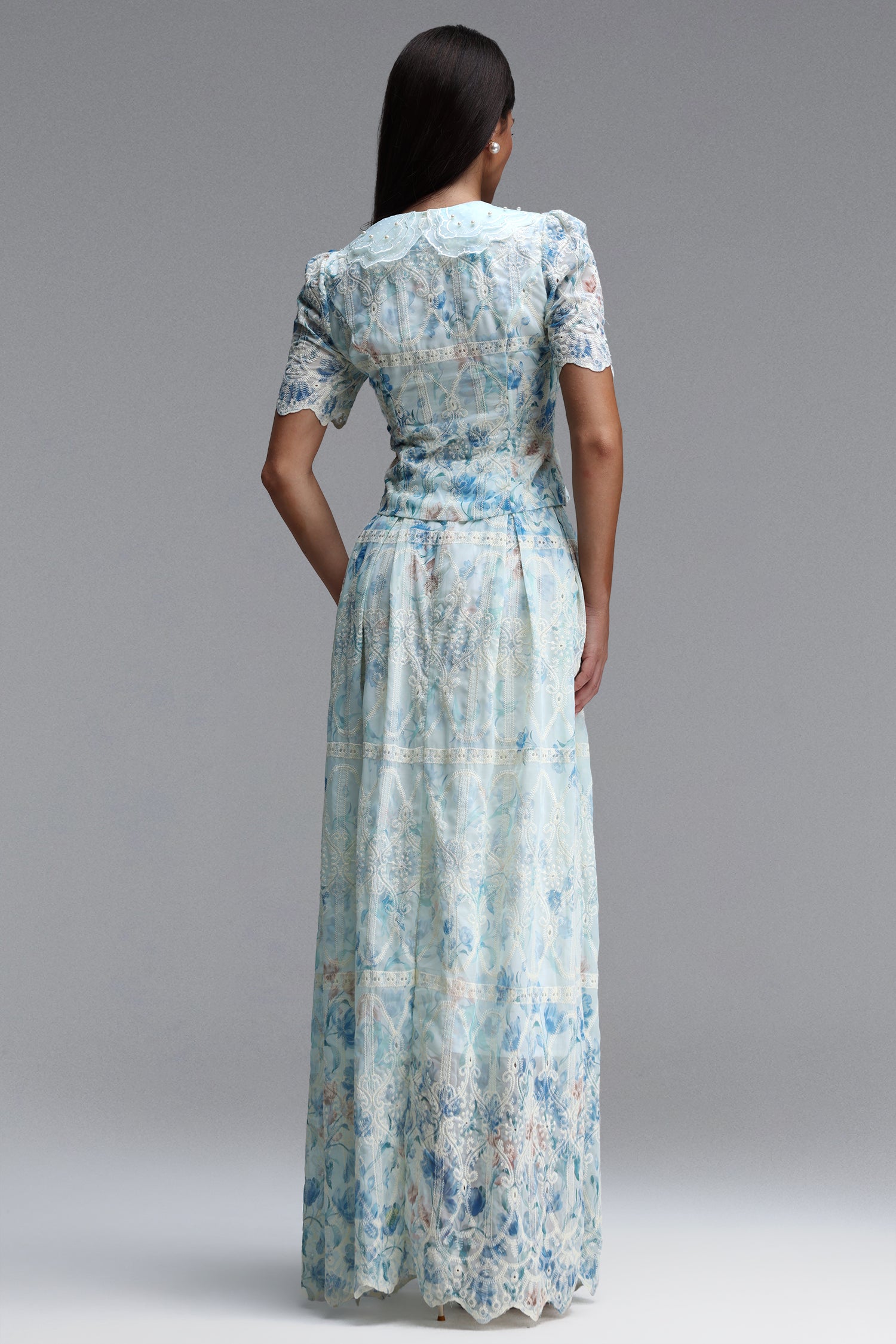 Light Blue Floral Lace Peter Pan Collar Crop Top & Wide Leg Maxi Skirt Two-Piece Set - OWNCI Light Blue Floral Lace Peter Pan Collar Crop Top & Wide Leg Maxi Skirt Two-Piece Set - OWNCI