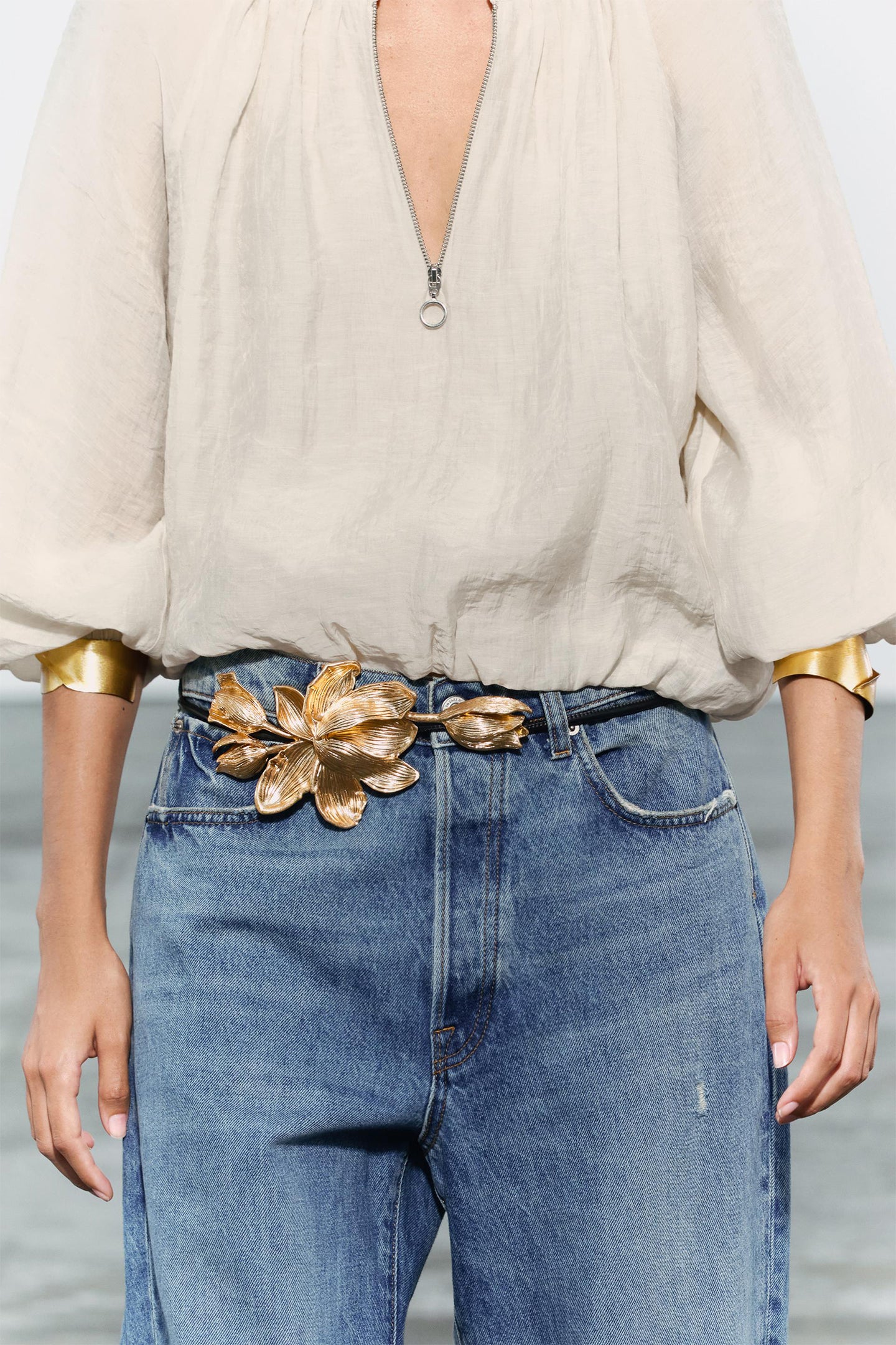 3D Sculpted Golden Floral Thin Leather Belt - OWNCI