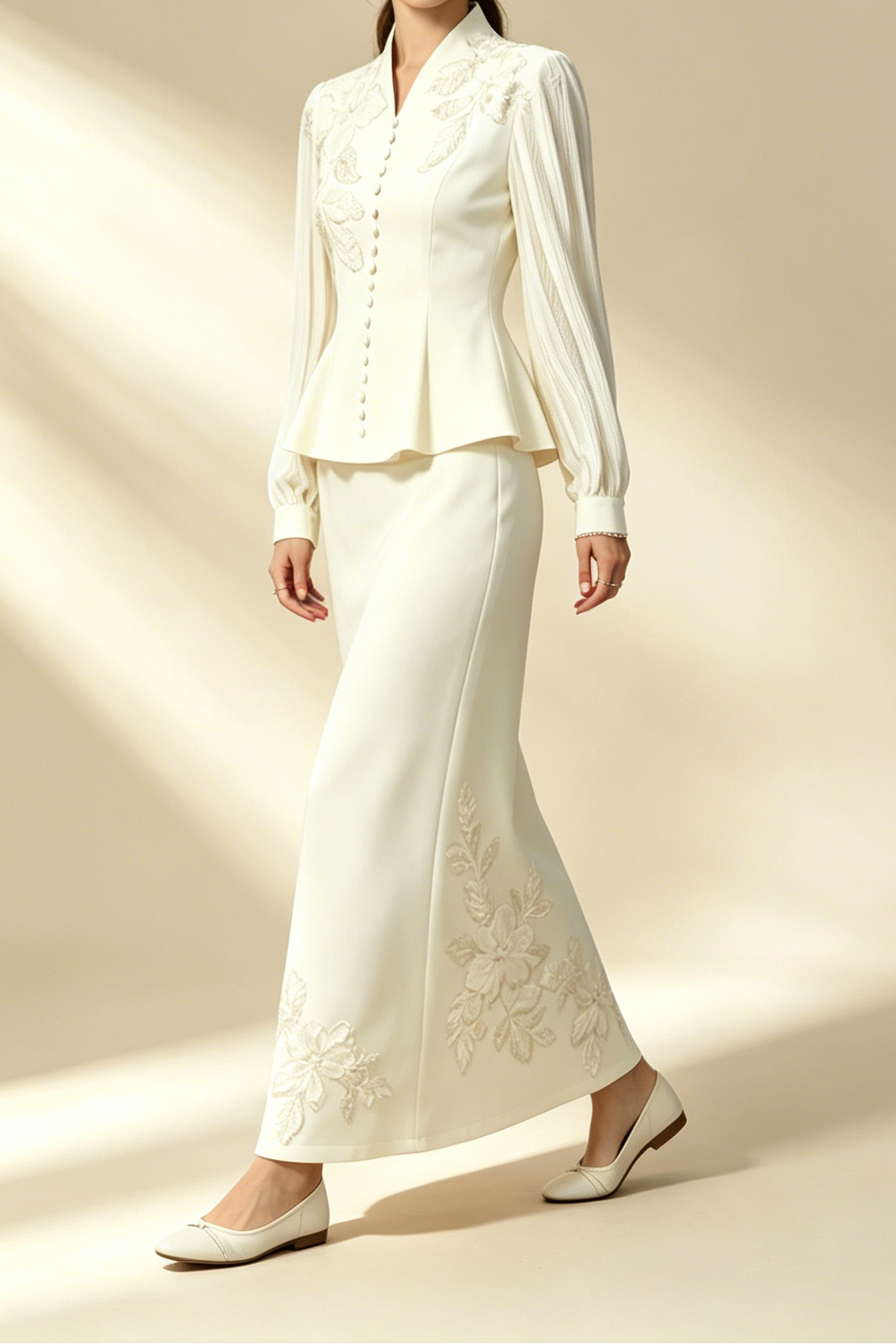 Cream Beaded Floral Embellished Peplum Top & Midi Pencil Skirt Two-Piece Suit - OWNCI