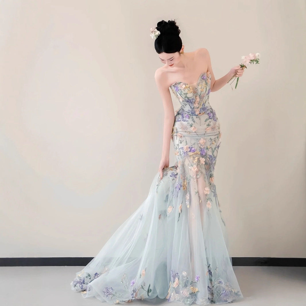 Strapless Pastel 3D Floral Tulle Mermaid Gown With Train - OWNCI Strapless Pastel 3D Floral Tulle Mermaid Gown With Train - OWNCI