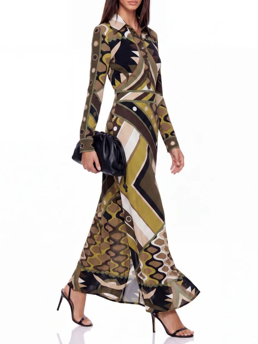 Hylora Folded Collar Geo Printed Maxi Dress - OWNCI Hylora Folded Collar Geo Printed Maxi Dress - OWNCI