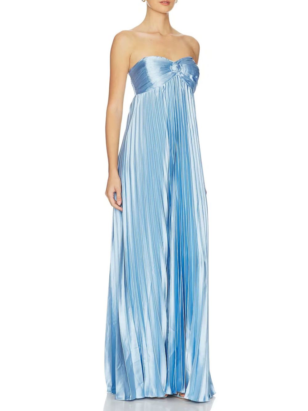 Maryam Blue Satin Strapless Pleated Maxi Dress - OWNCI Maryam Blue Satin Strapless Pleated Maxi Dress - OWNCI