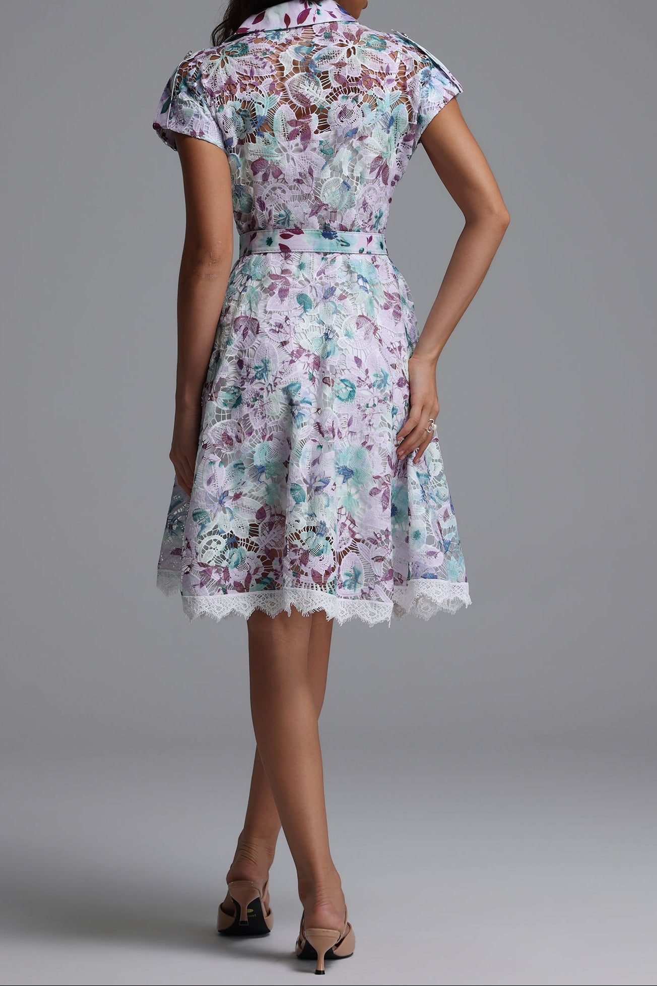Pastel Floral Lace Collared Fit & Flare Midi Dress with Belt - OWNCI Pastel Floral Lace Collared Fit & Flare Midi Dress with Belt - OWNCI