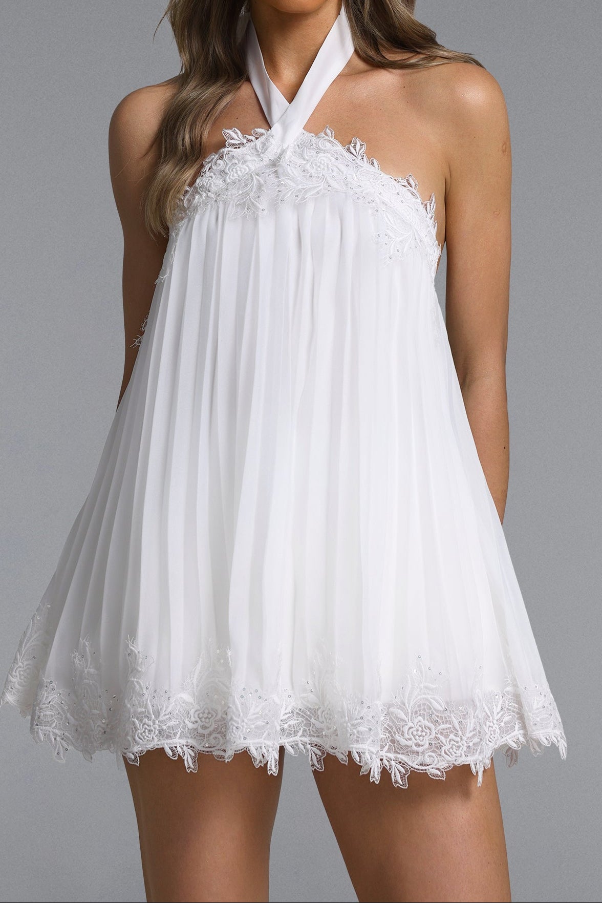 White Halter Neck Lace Trim Pleated Chiffon Mini Babydoll Dress - OWNCI