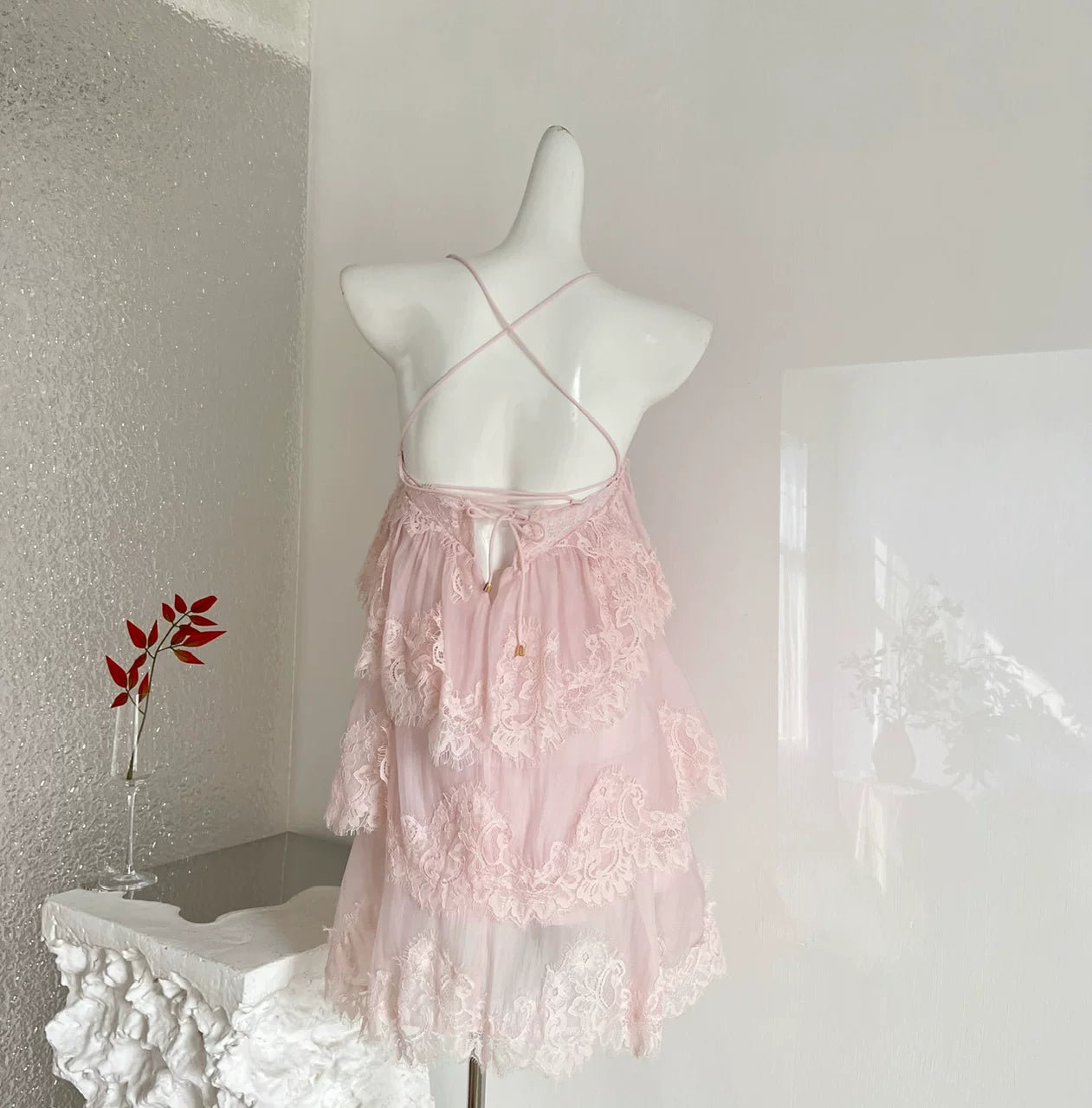 Blush Pink Spaghetti Strap Multi-Tier Eyelash Lace Tulle Babydoll Mini Dress - OWNCI Blush Pink Spaghetti Strap Multi-Tier Eyelash Lace Tulle Babydoll Mini Dress - OWNCI