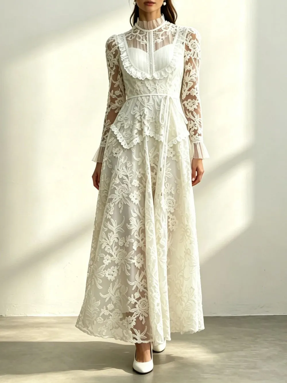 Cream Floral Lace Ruffle High Neck Long Sleeve Belted Maxi Dress - OWNCI Cream Floral Lace Ruffle High Neck Long Sleeve Belted Maxi Dress - OWNCI