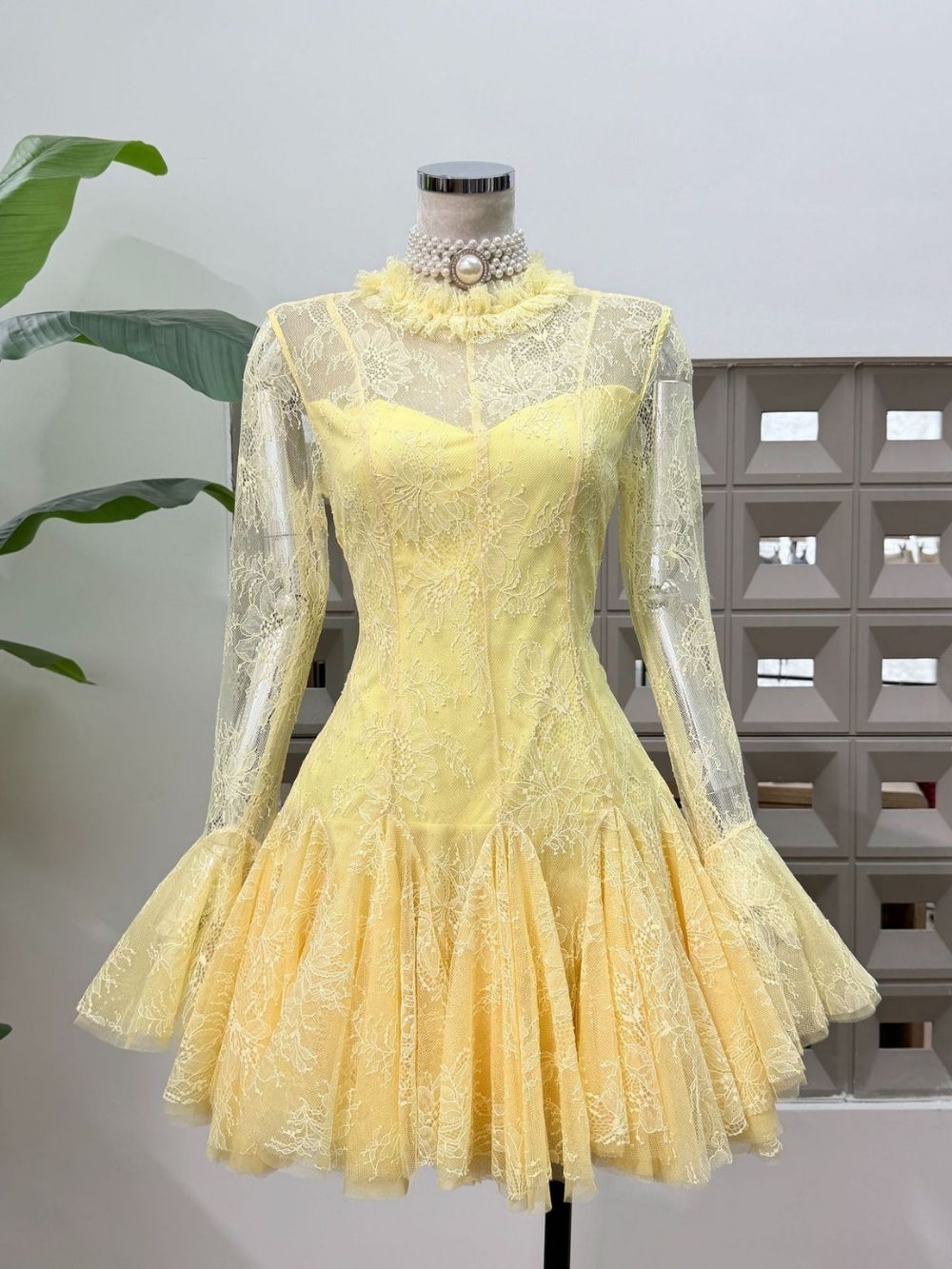 Mana Yellow Lace Long Sleeve Mini Dress