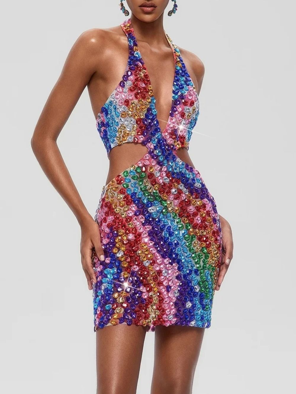 Arqelis Plunge Neck Crystal Cutout Mini Dress - OWNCI Arqelis Plunge Neck Crystal Cutout Mini Dress - OWNCI