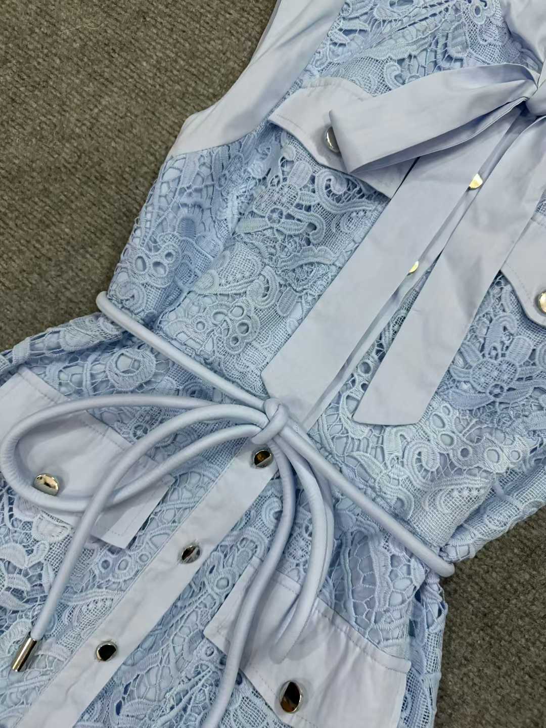 Sky Blue Sleeveless Tie Neck Cargo Pocket Floral Lace Midi Shirt Dress - OWNCI Sky Blue Sleeveless Tie Neck Cargo Pocket Floral Lace Midi Shirt Dress - OWNCI