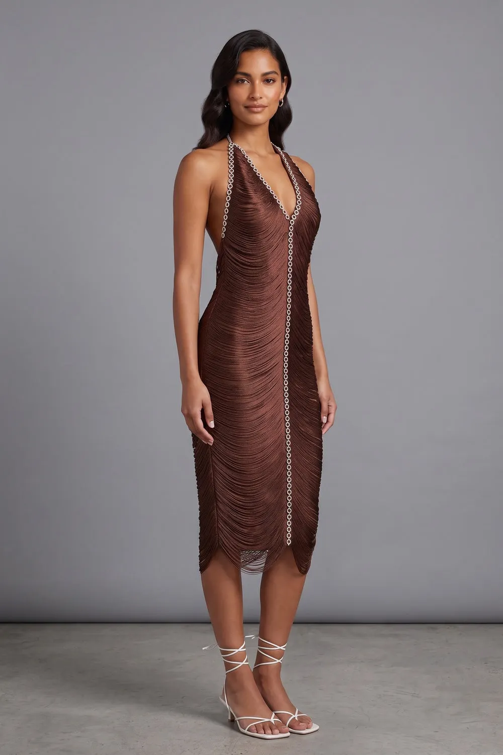Chocolate Brown Micro-Fringe Textured Synthetic Sheath Dress - OWNCI Chocolate Brown Micro-Fringe Textured Synthetic Sheath Dress - OWNCI