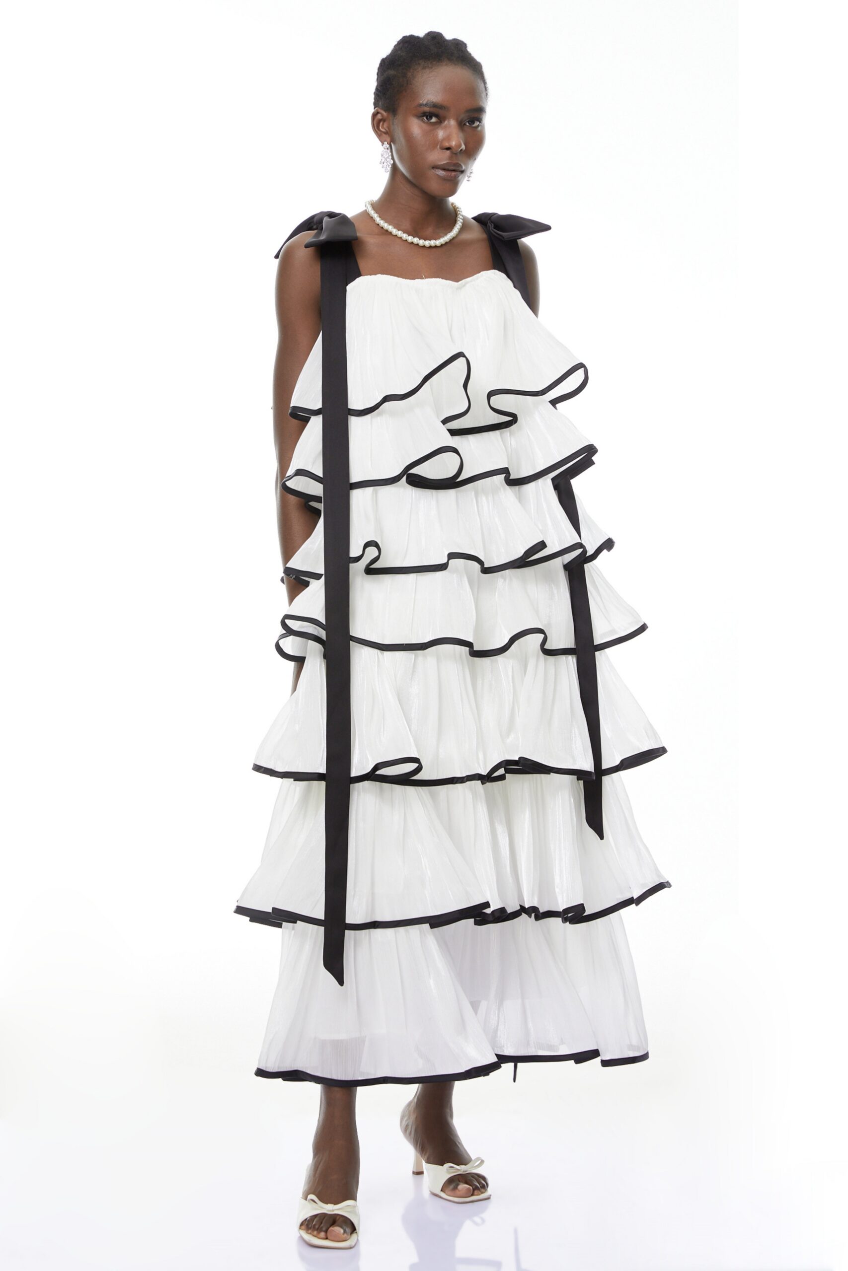 Mandy White Layer Ruffled Maxi Dress With Bows - OWNCI Mandy White Layer Ruffled Maxi Dress With Bows - OWNCI