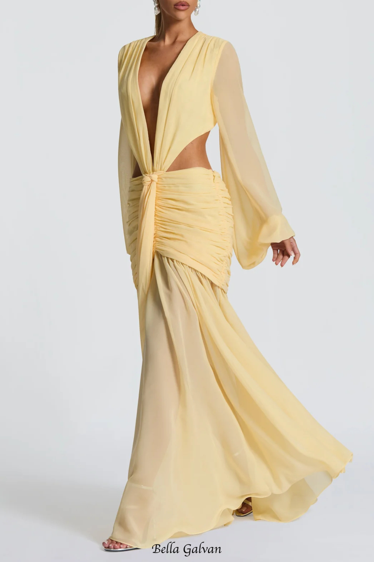 Roniny Cutout Chiffon Draped Maxi Dress – Yellow - OWNCI