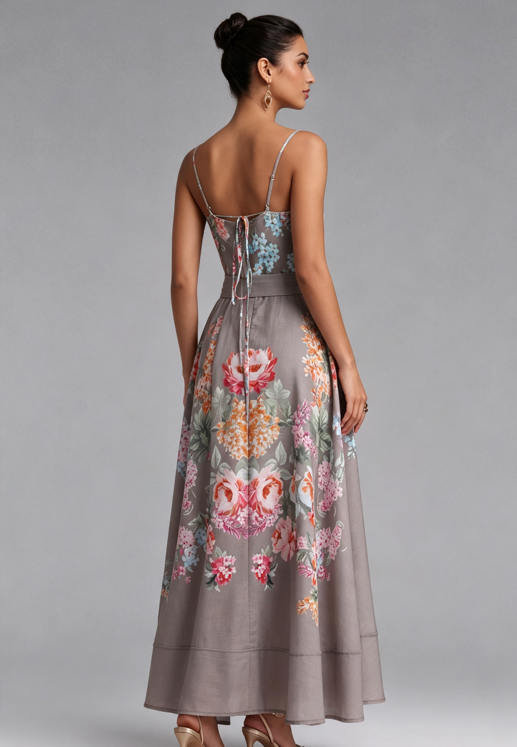 Taupe Linen-Blend A-Line Floral Maxi Dress - OWNCI Taupe Linen-Blend A-Line Floral Maxi Dress - OWNCI