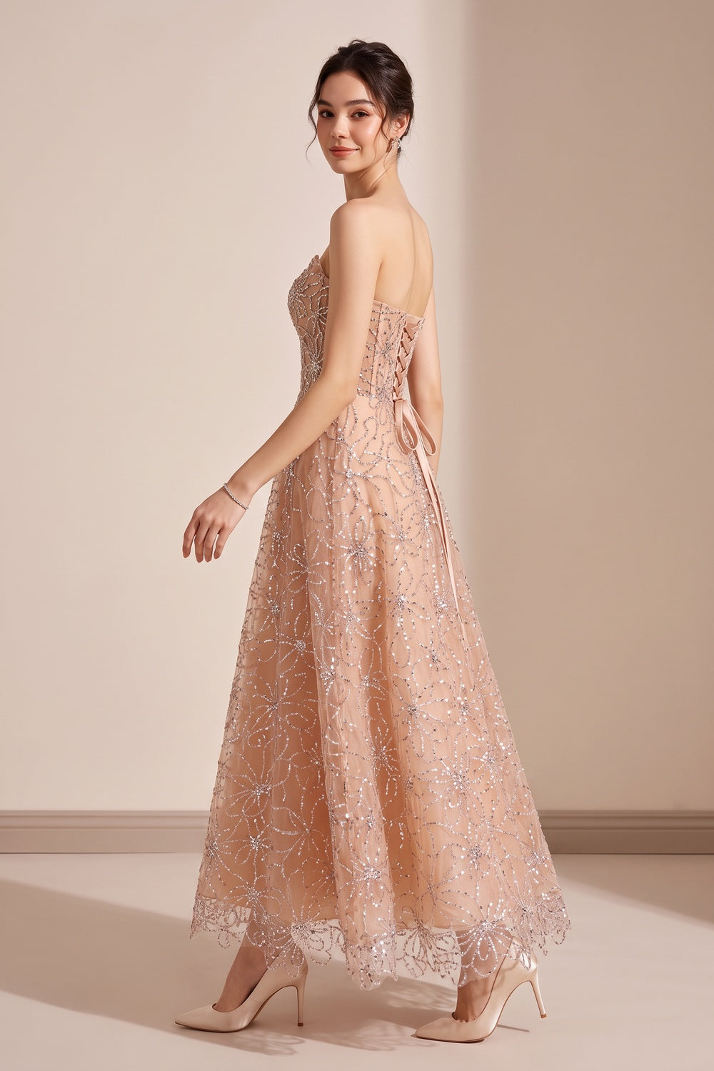 Nude Beaded Strapless Maxi Dress - OWNCI