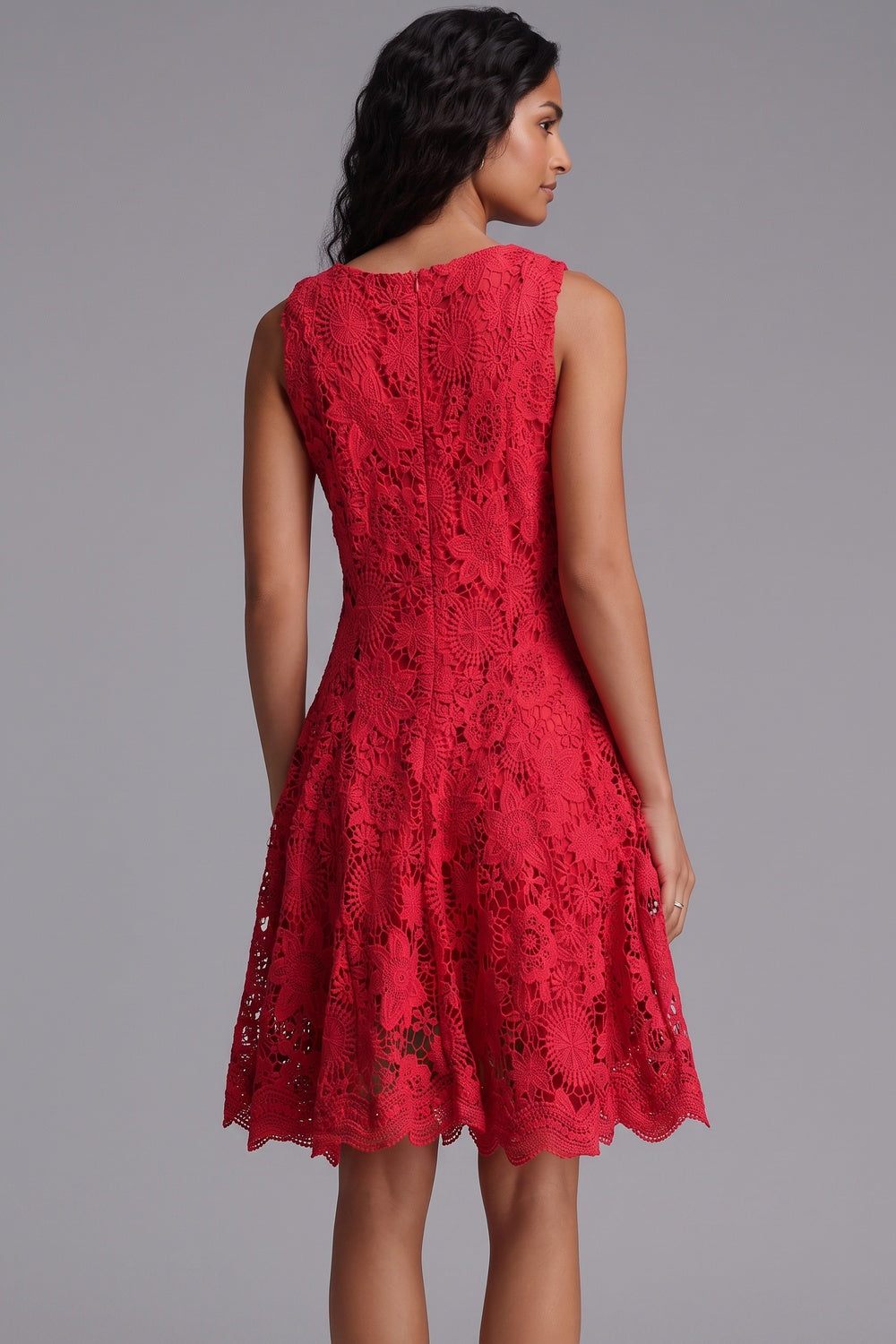 Red Guipure Lace Fit-and-Flare Dress - OWNCI