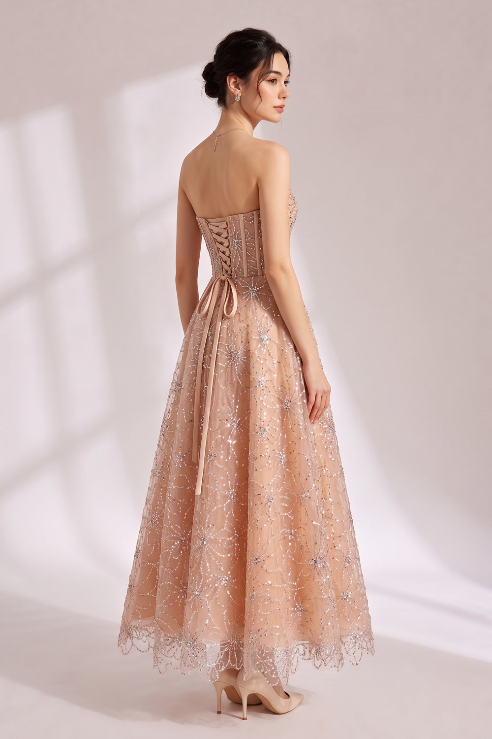 Nude Beaded Strapless Maxi Dress - OWNCI