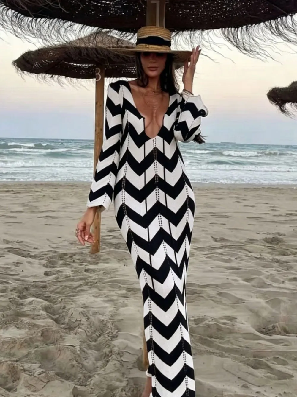 Meher Wave Knitted Long Sleeve Maxi Dress - OWNCI