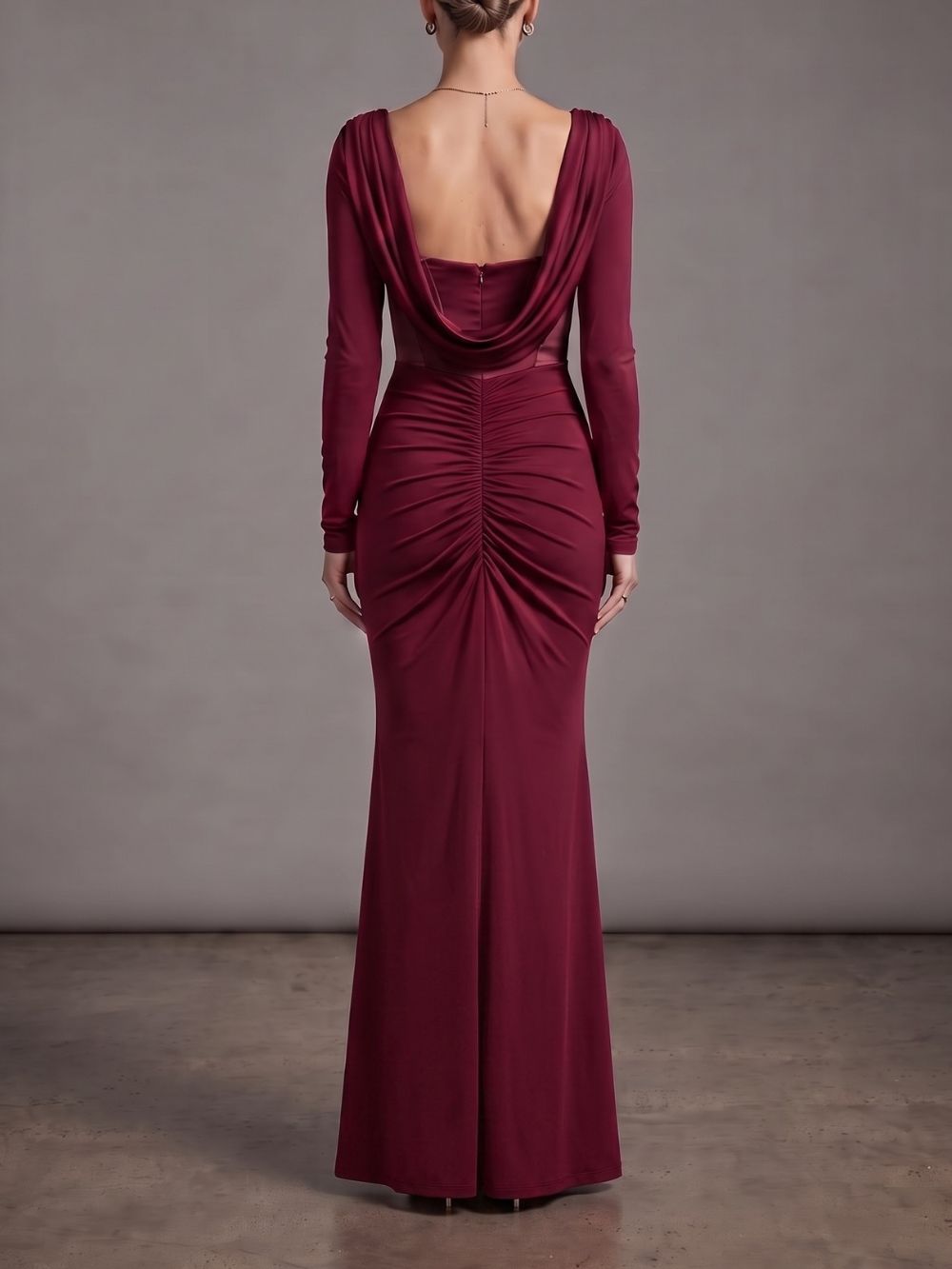 Long Sleeve Draped Bustier Maxi Dress Burgundy - OWNCI