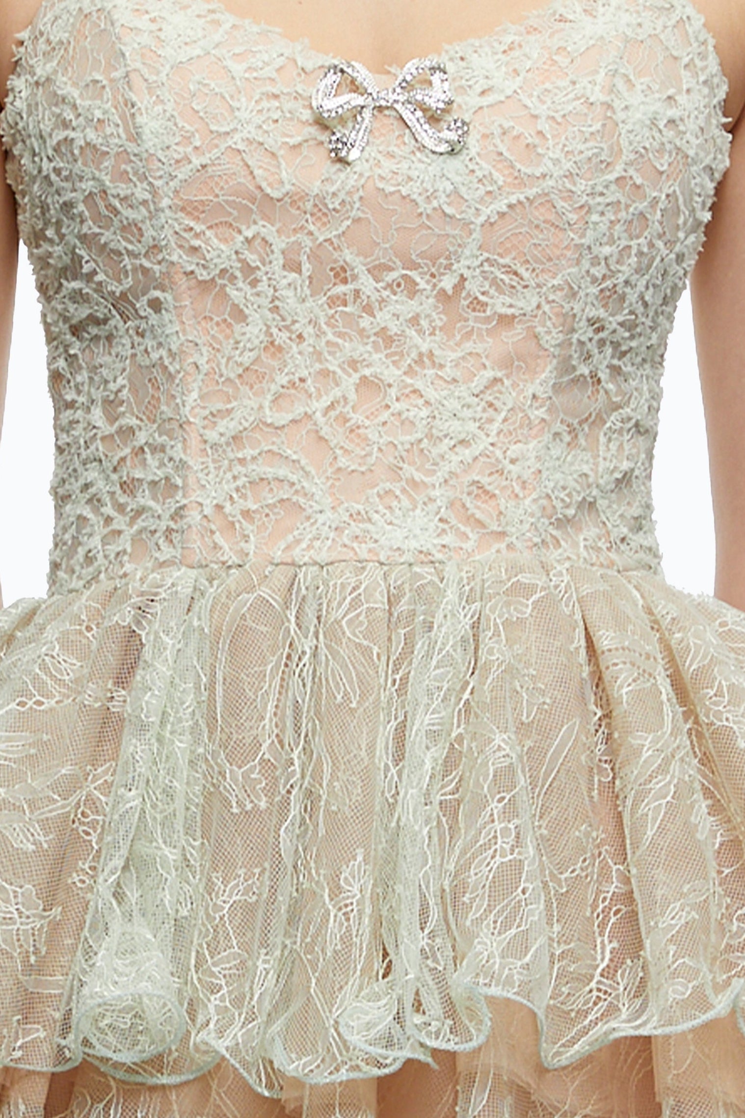 Spaghetti Strap Floral Lace Crystal Bow Tiered Mini Dress - OWNCI