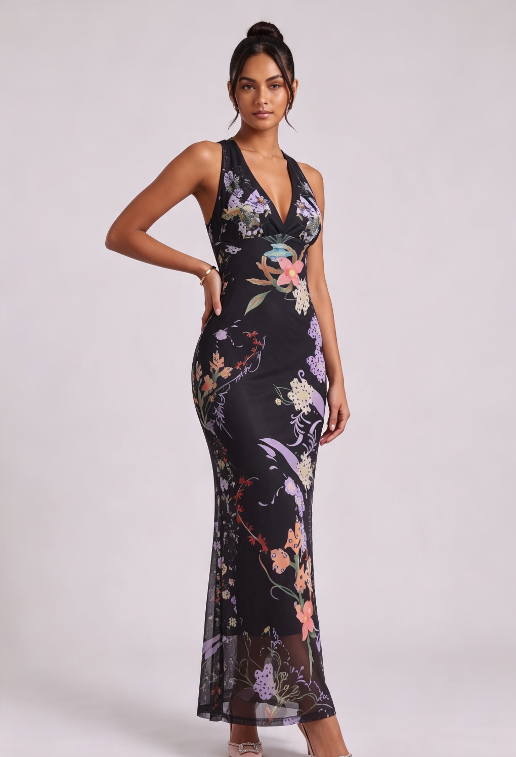 Black Sheer Mesh Fitted Column Maxi Dress with Engineered Floral Print - OWNCI Black Sheer Mesh Fitted Column Maxi Dress with Engineered Floral Print - OWNCI