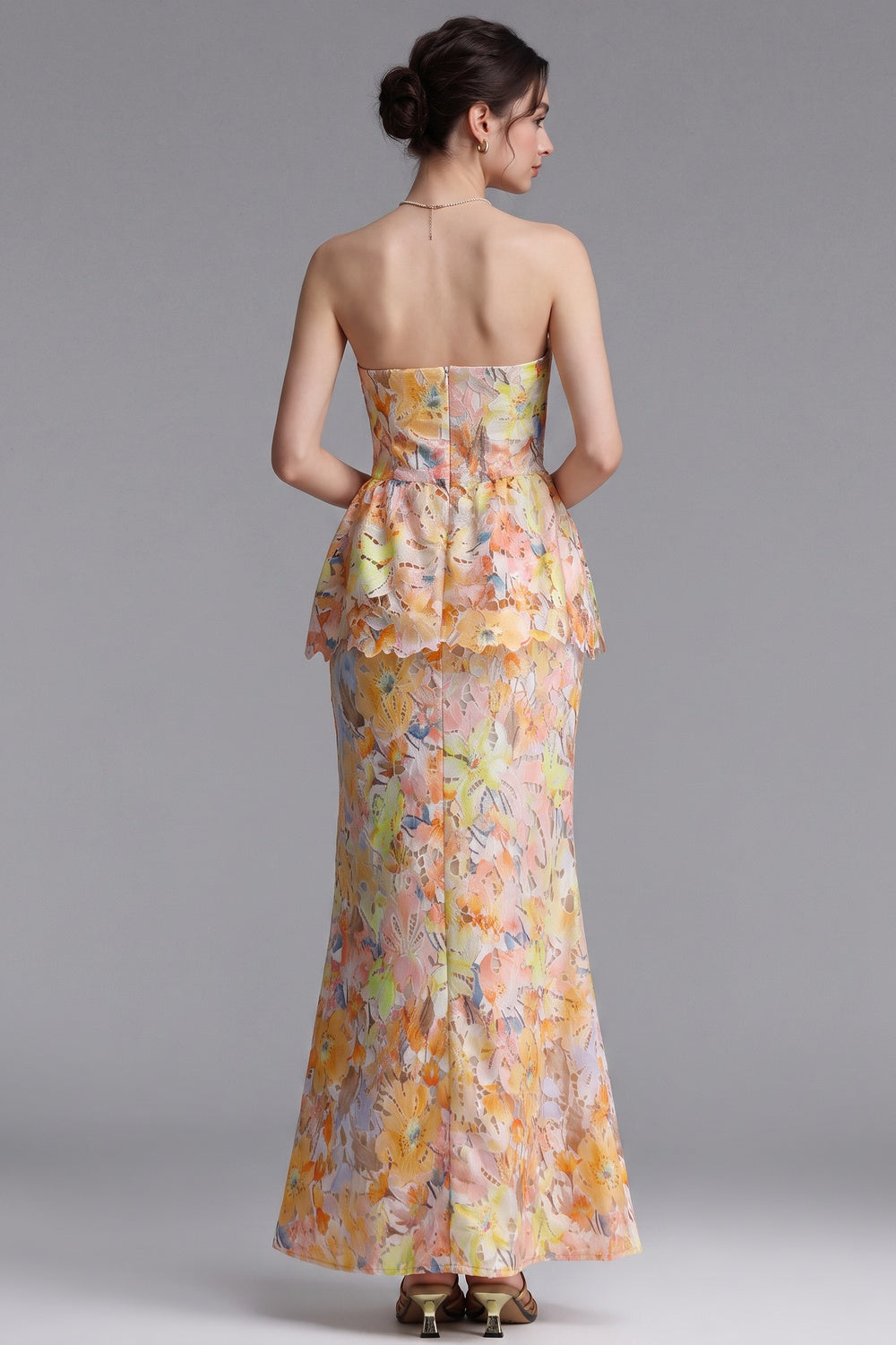 Yellow Laser-Cut Lace Column with Peplum Gown - OWNCI Yellow Laser-Cut Lace Column with Peplum Gown - OWNCI