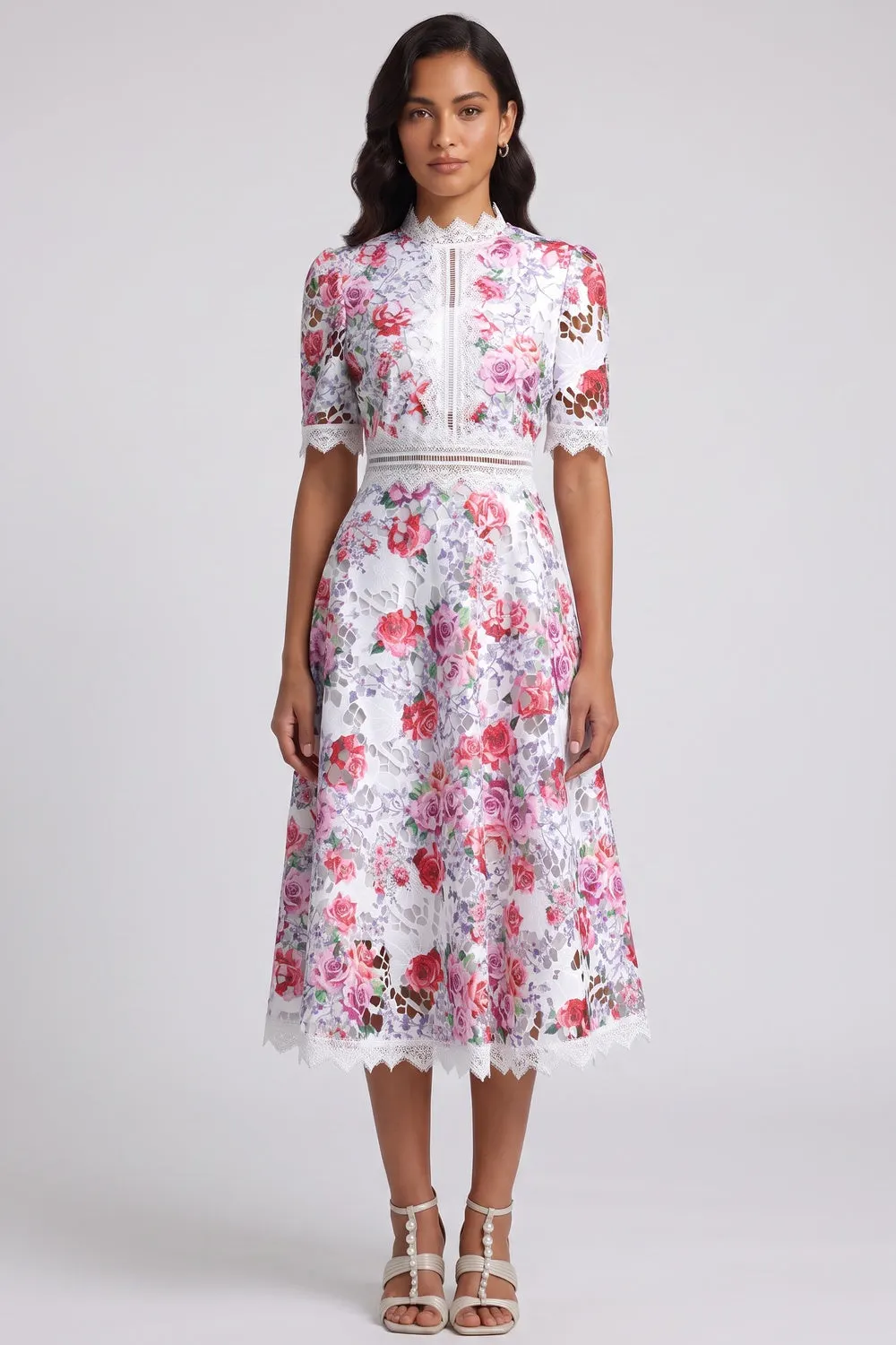 White Guipure Lace Floral Midi Dress - OWNCI White Guipure Lace Floral Midi Dress - OWNCI