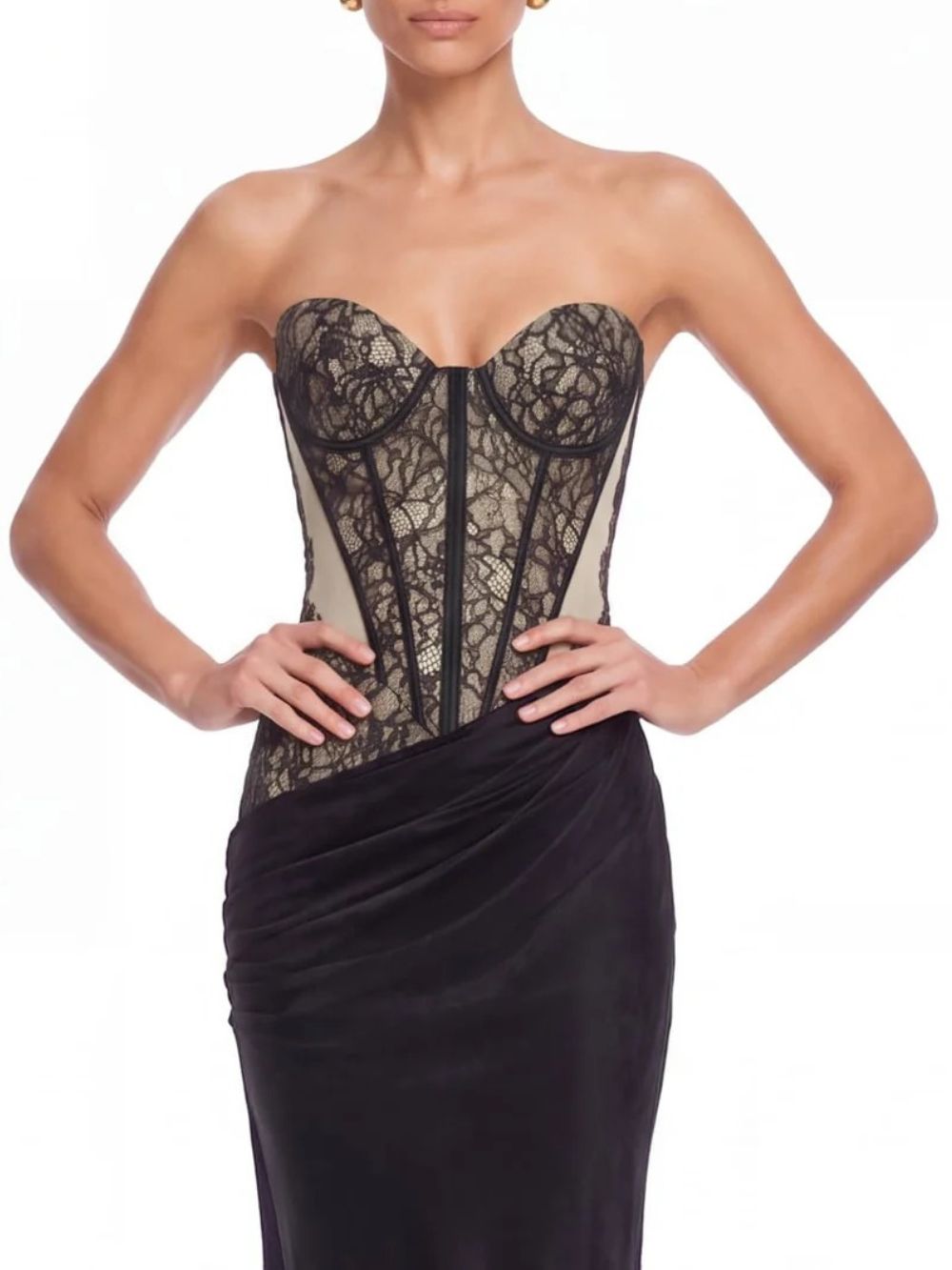 Xervik Strapless Lace Satin Maxi Dress In Black - OWNCI