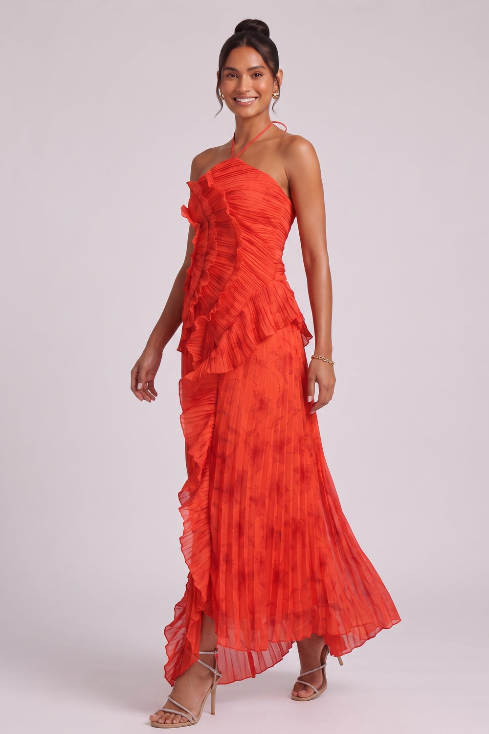 Red Chiffon A-Line Maxi Dress with Cascading Ruffles - OWNCI
